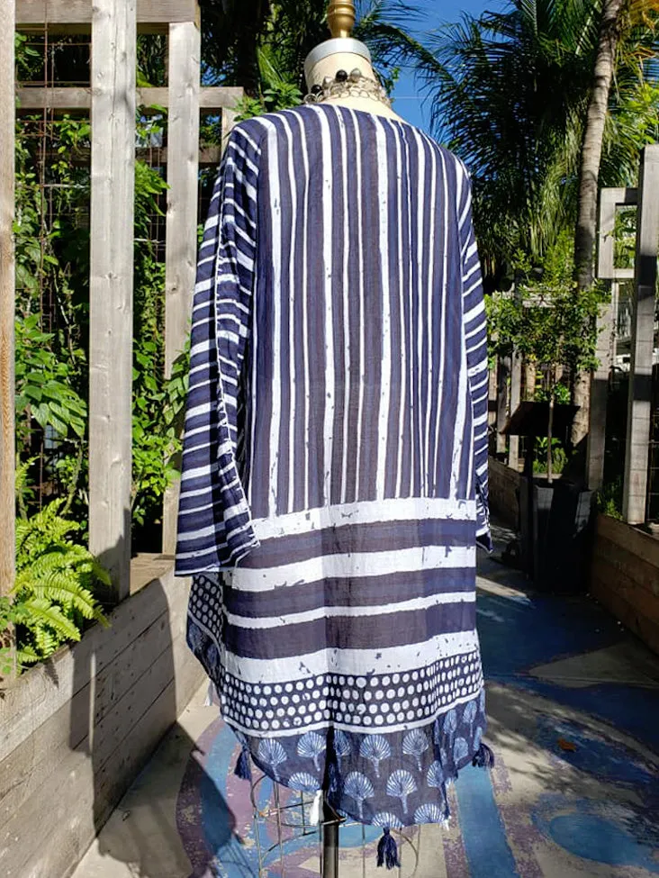 Cotton Kimono Caftan Shells and Stripes with Tassels