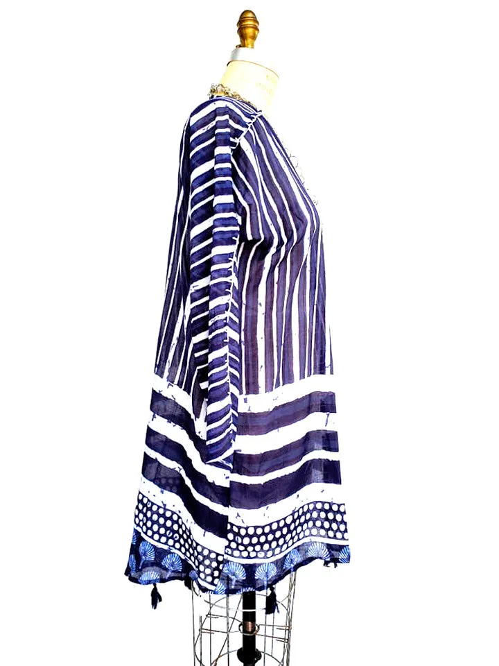 Cotton Kimono Caftan Shells and Stripes with Tassels