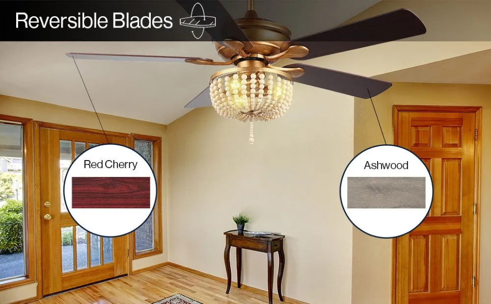 Decadent Rustic Farmhouse Iron/Wood Bead Mobile-App/Remote-Controlled LED Ceiling Fan