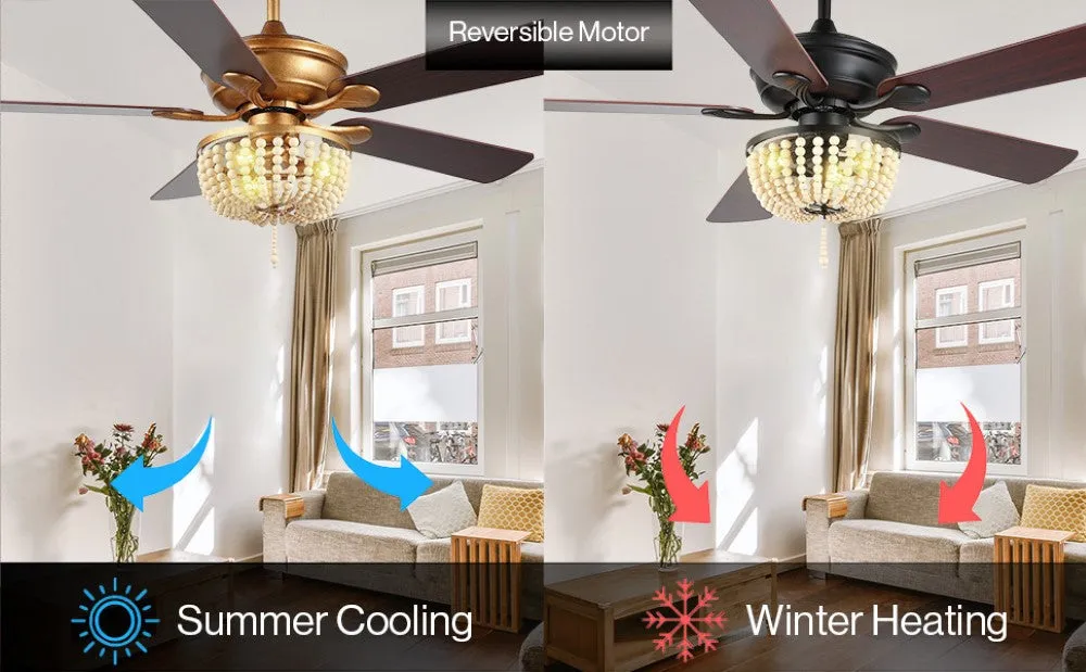 Decadent Rustic Farmhouse Iron/Wood Bead Mobile-App/Remote-Controlled LED Ceiling Fan