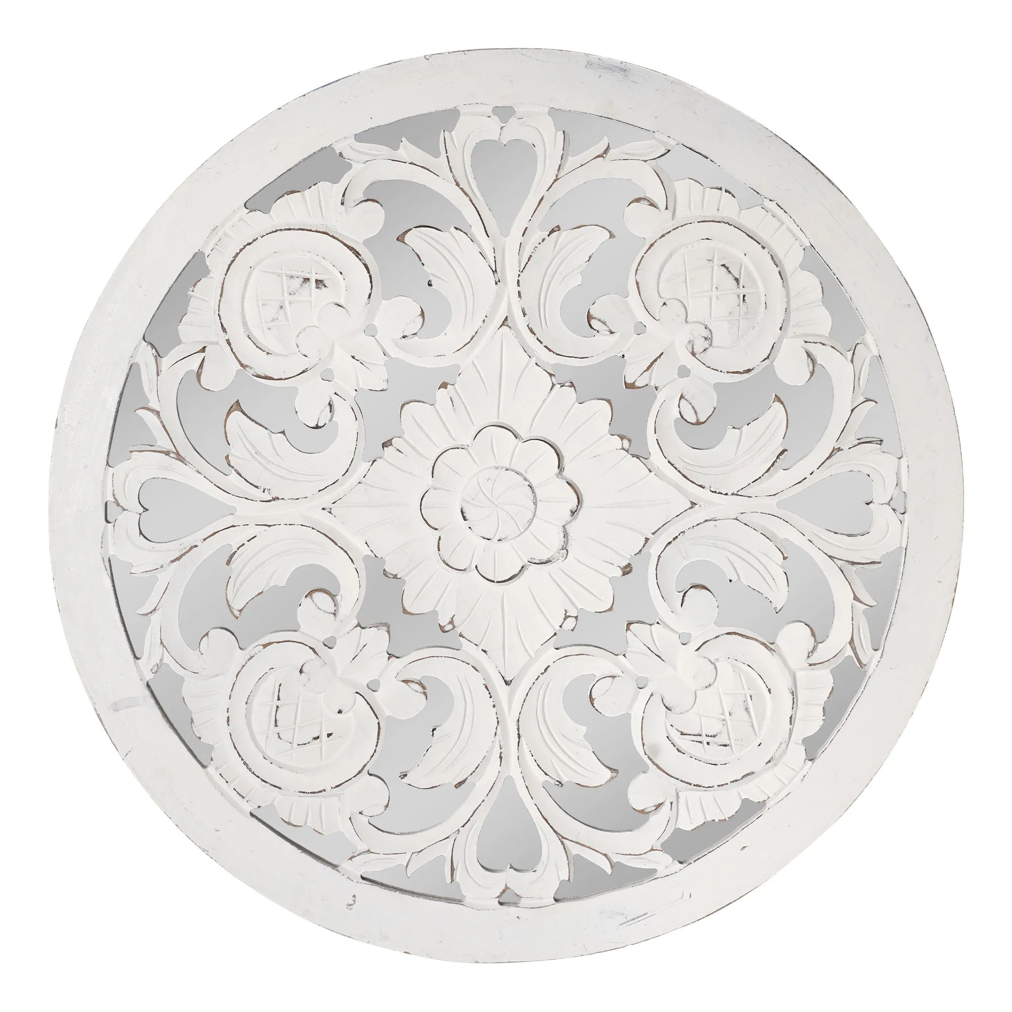 Distressed Reflective Hand-Carved White Floral Wood Wall Medallion 24"