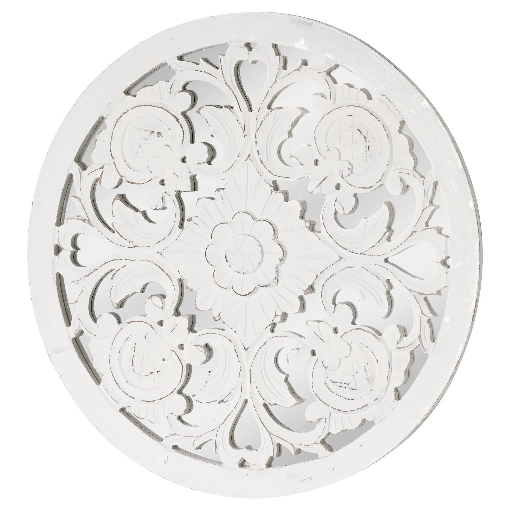 Distressed Reflective Hand-Carved White Floral Wood Wall Medallion 24"