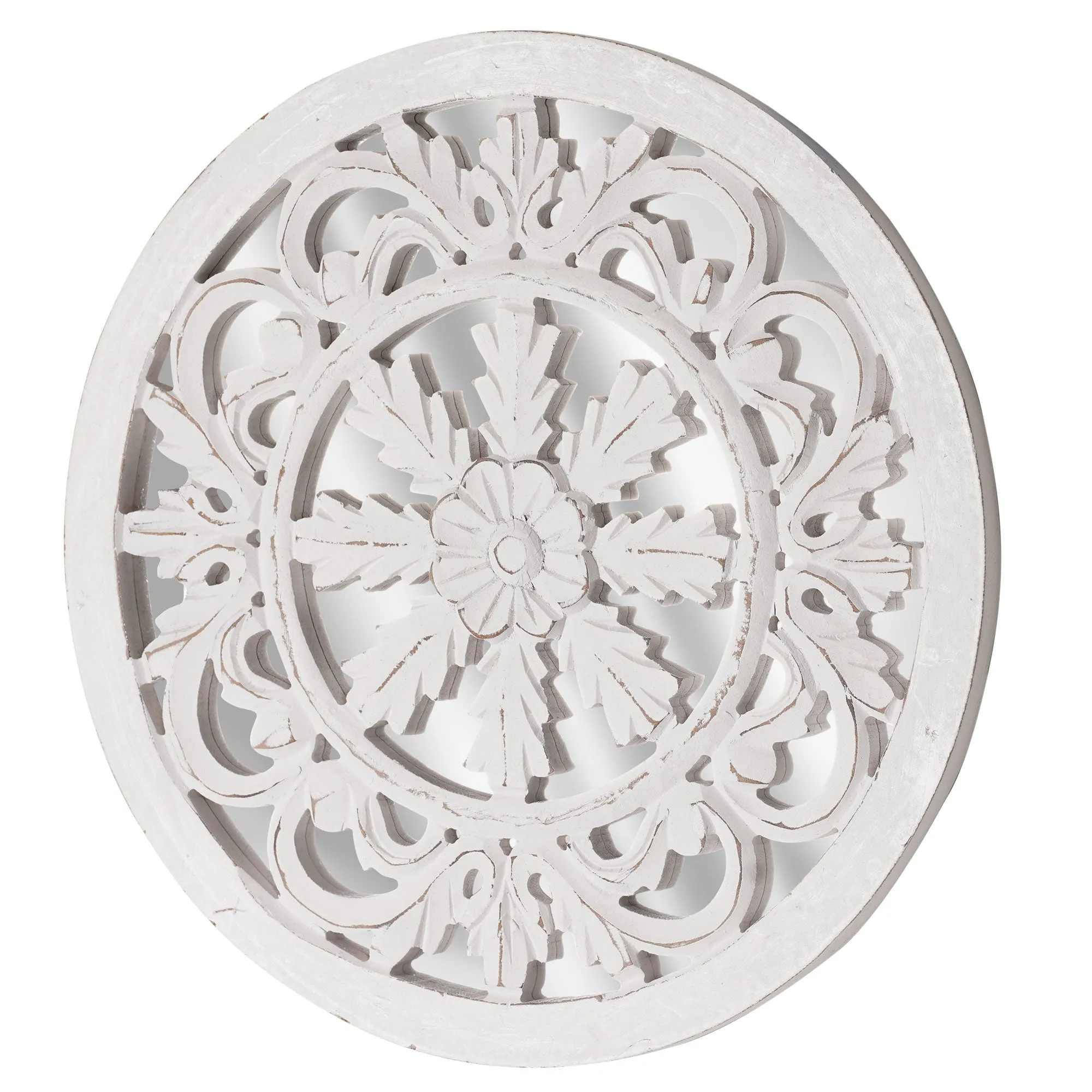 Distressed Reflective Hand-Carved White Wood Wall Accent Medallion 16"