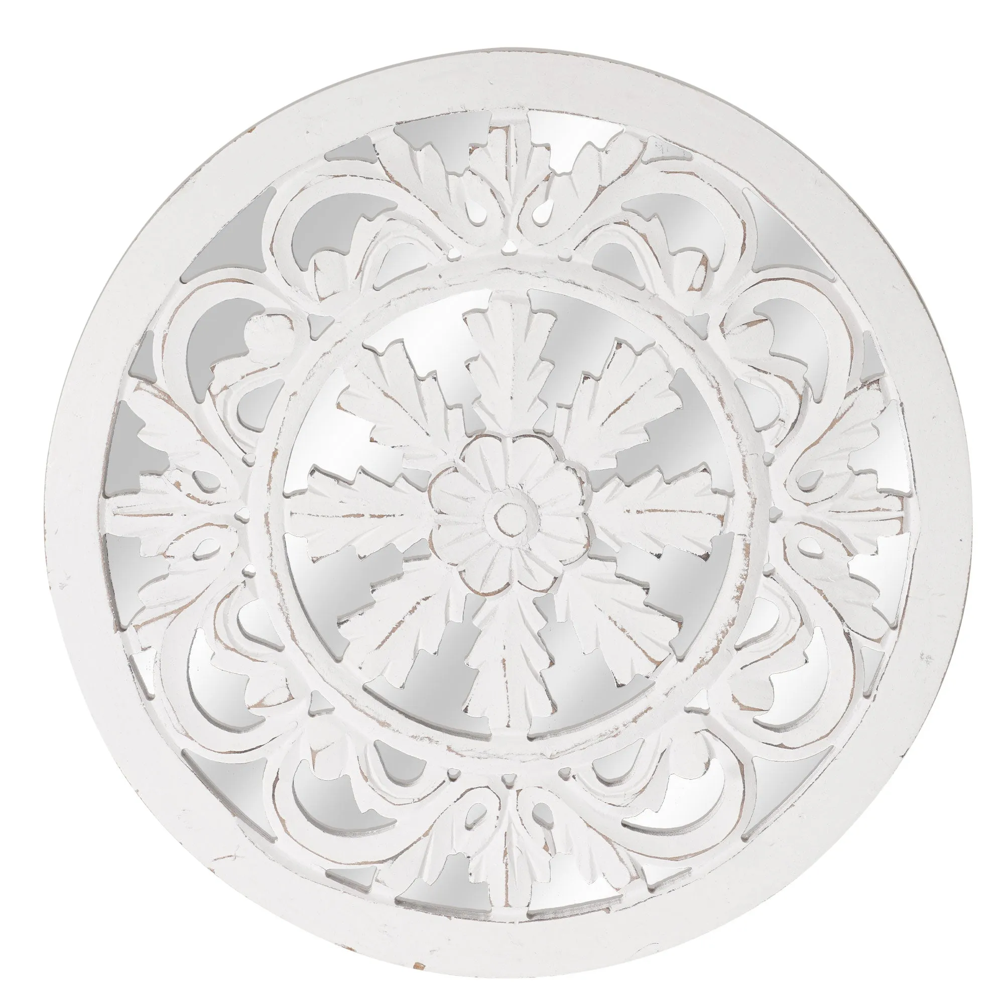 Distressed Reflective Hand-Carved White Wood Wall Accent Medallion 16"