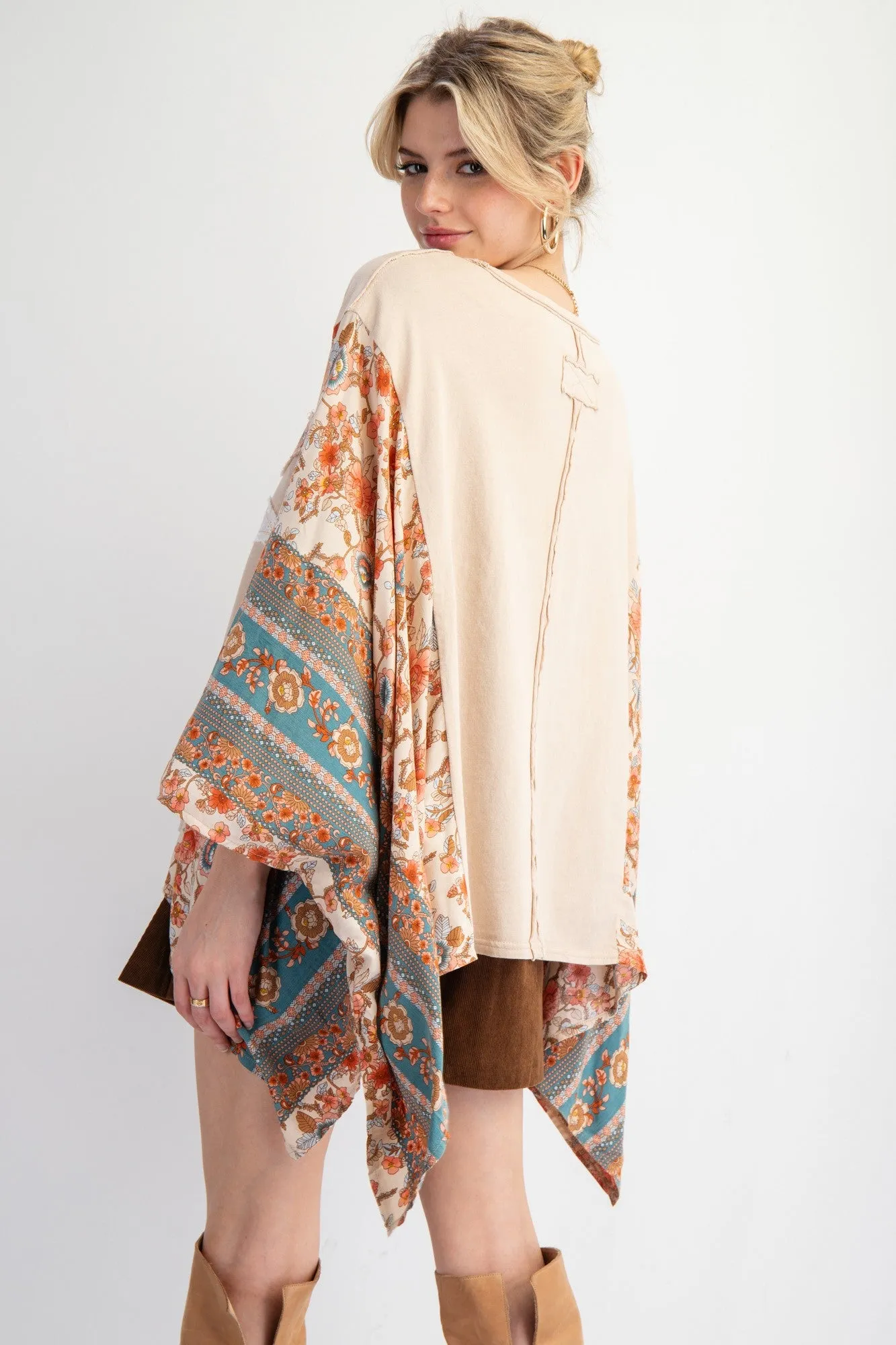 Easel Mixed Print Flower Patched Poncho Top in Natural