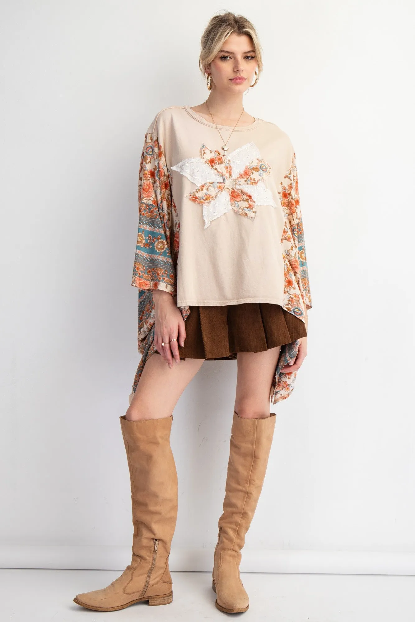 Easel Mixed Print Flower Patched Poncho Top in Natural