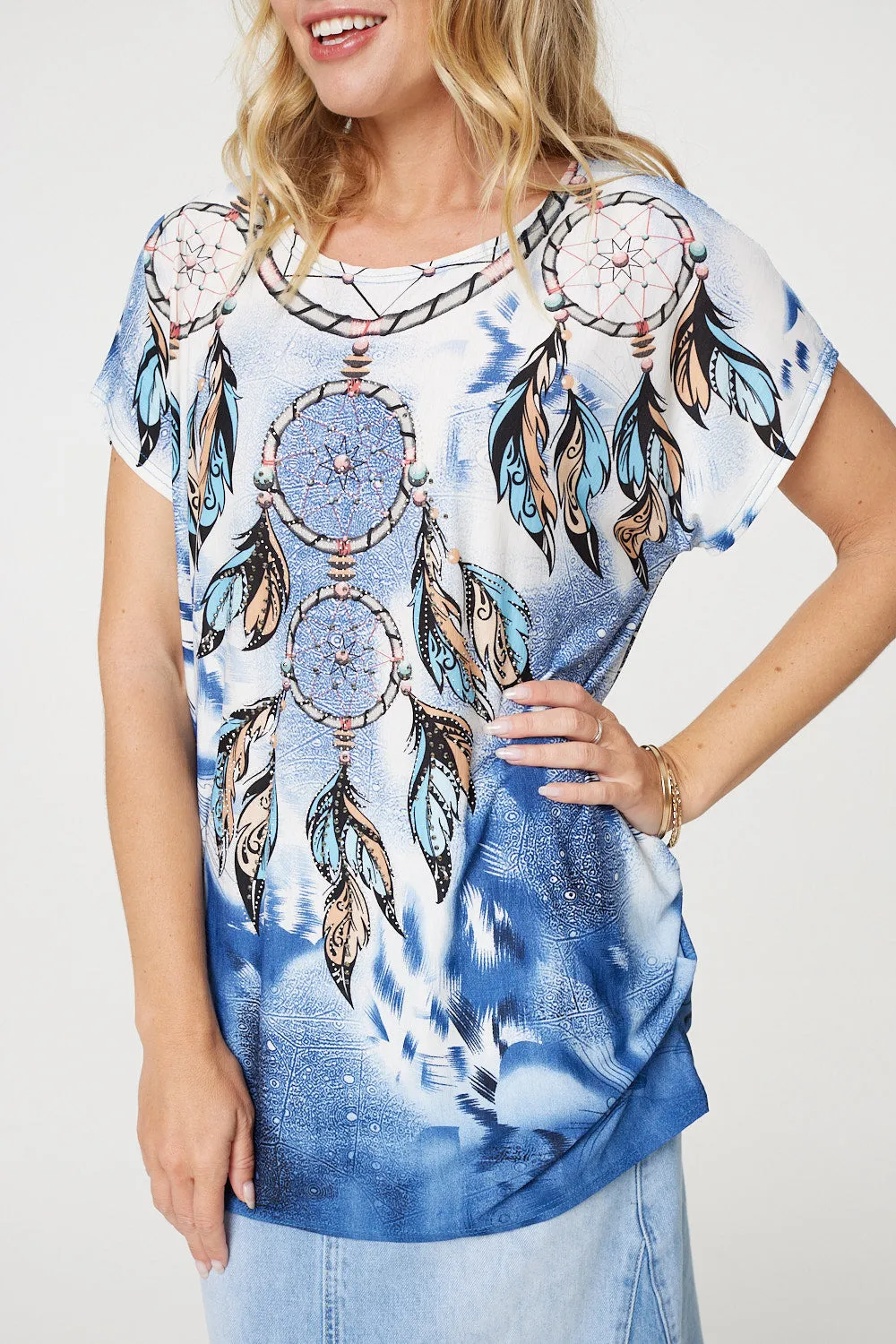 Embellished Feather Print Tunic Top