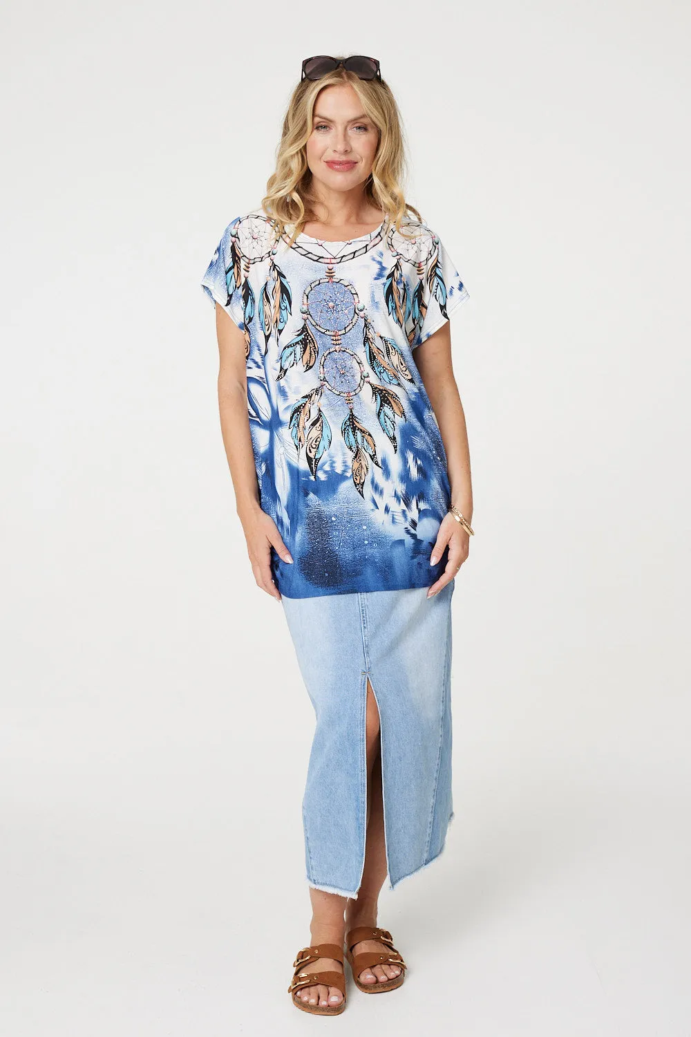 Embellished Feather Print Tunic Top