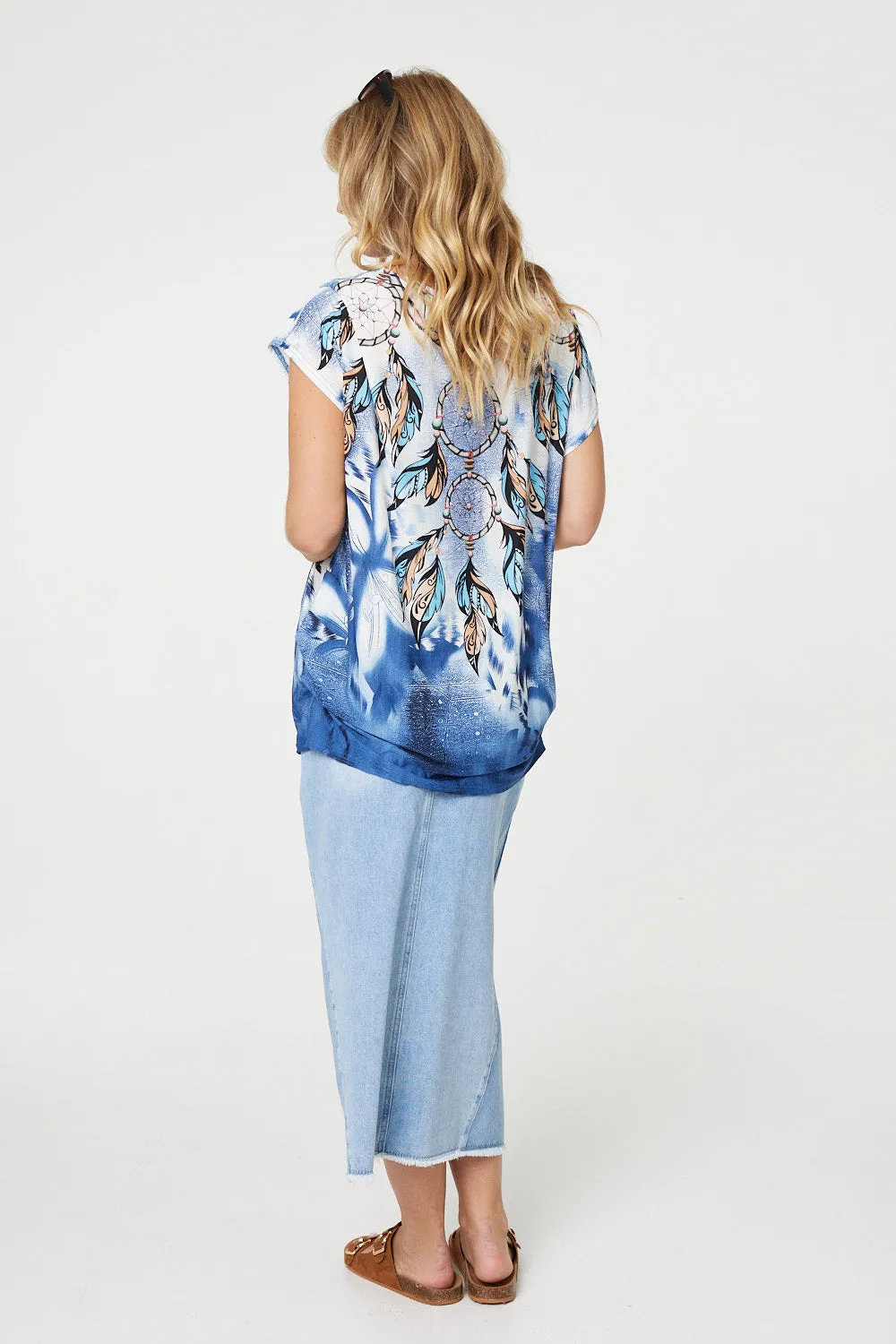 Embellished Feather Print Tunic Top