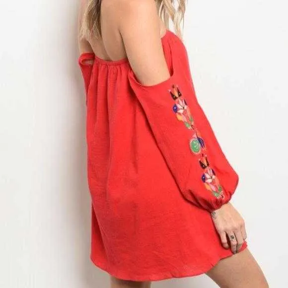 Embroidered Off Shoulder Red Dress