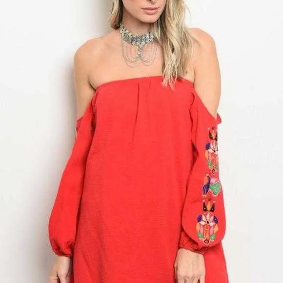 Embroidered Off Shoulder Red Dress