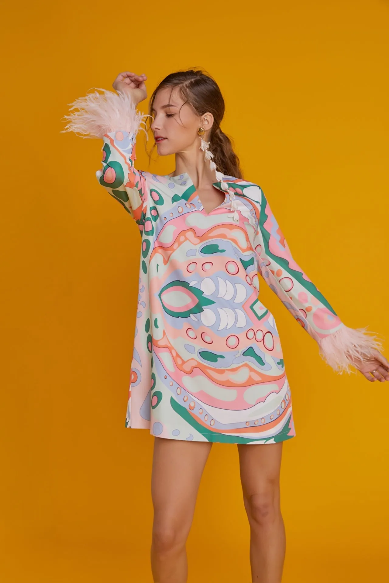 English Factory - Print Mini Tunic Dress With Feather