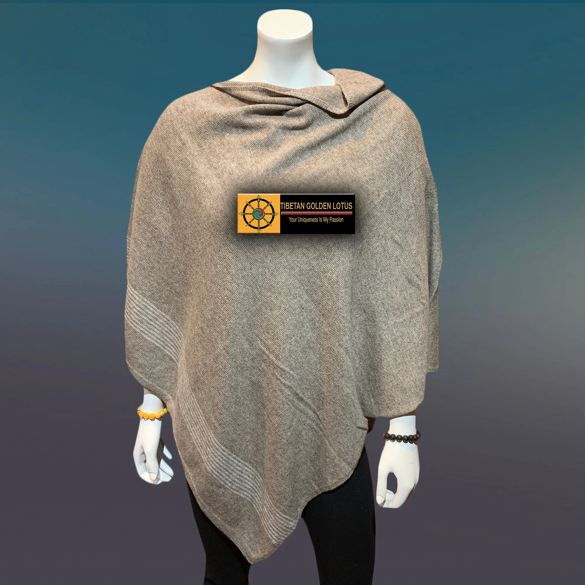 Espresso Tibetan Golden Lotus Boat Neck Cashmere Poncho