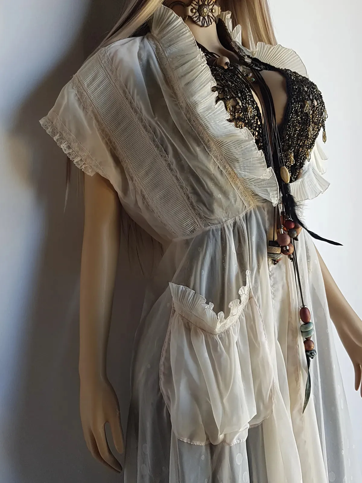 Ethereal 1920s Angelic Duster Coat / Robe - Intricate Pleating All over - Flouncy Pleated Collar - Spectacular Ruffle Detailing on Sleeves & Pocket - Tie Closure at Waist