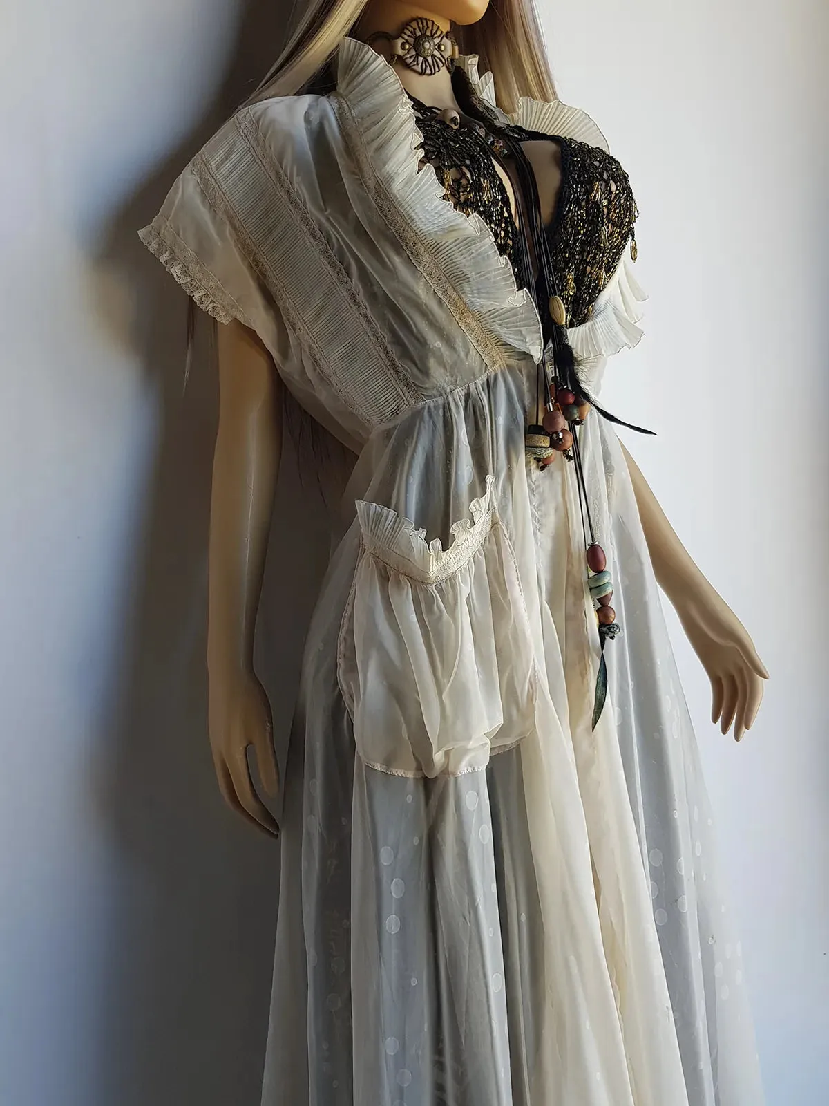 Ethereal 1920s Angelic Duster Coat / Robe - Intricate Pleating All over - Flouncy Pleated Collar - Spectacular Ruffle Detailing on Sleeves & Pocket - Tie Closure at Waist