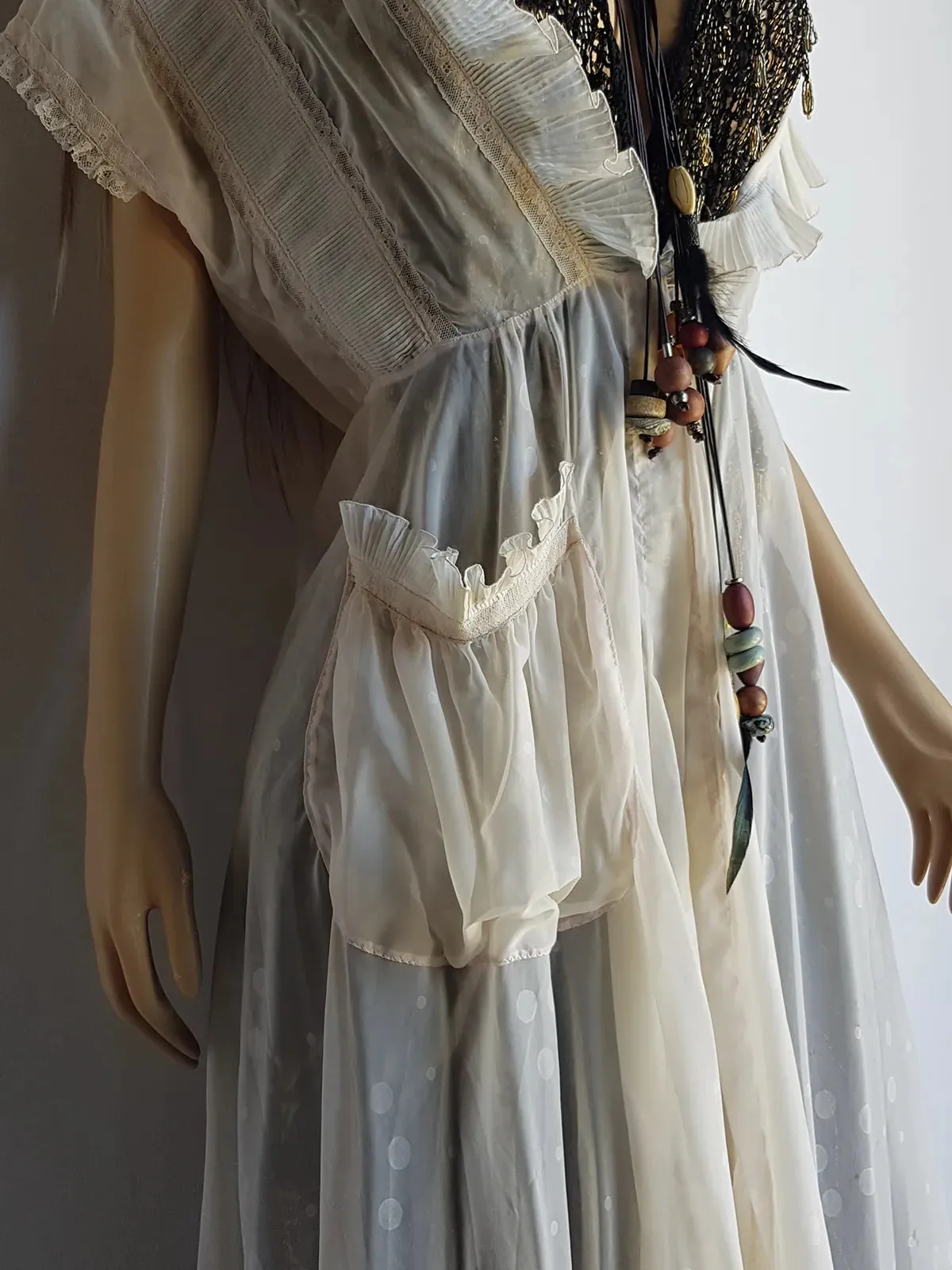 Ethereal 1920s Angelic Duster Coat / Robe - Intricate Pleating All over - Flouncy Pleated Collar - Spectacular Ruffle Detailing on Sleeves & Pocket - Tie Closure at Waist