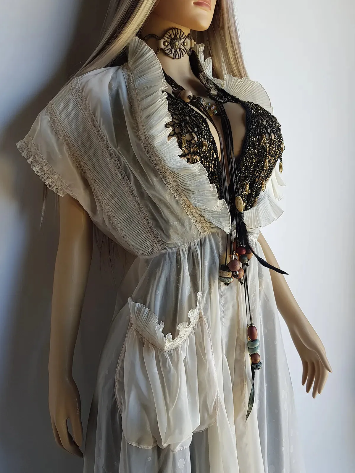 Ethereal 1920s Angelic Duster Coat / Robe - Intricate Pleating All over - Flouncy Pleated Collar - Spectacular Ruffle Detailing on Sleeves & Pocket - Tie Closure at Waist