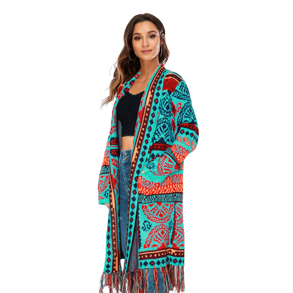 Ethnic retro tassel cardigan sweater knitted coat new loose long sleeve bohemian style