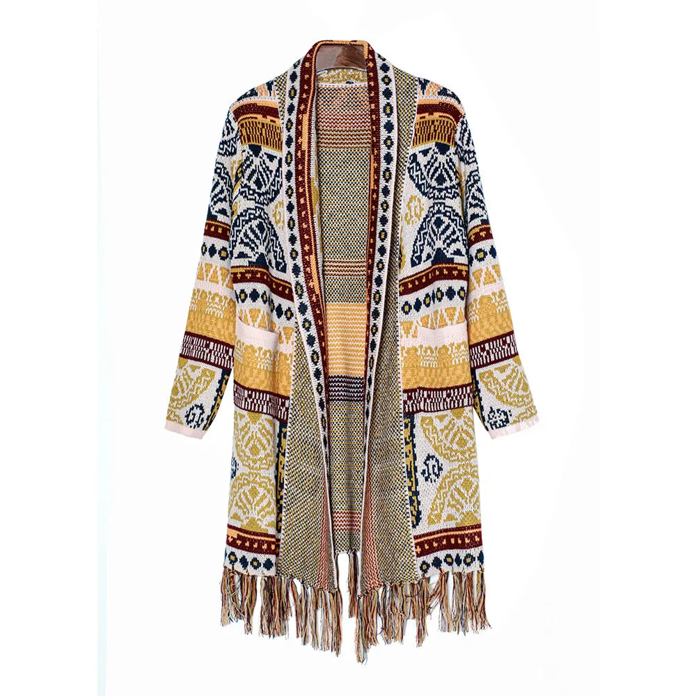 Ethnic retro tassel cardigan sweater knitted coat new loose long sleeve bohemian style