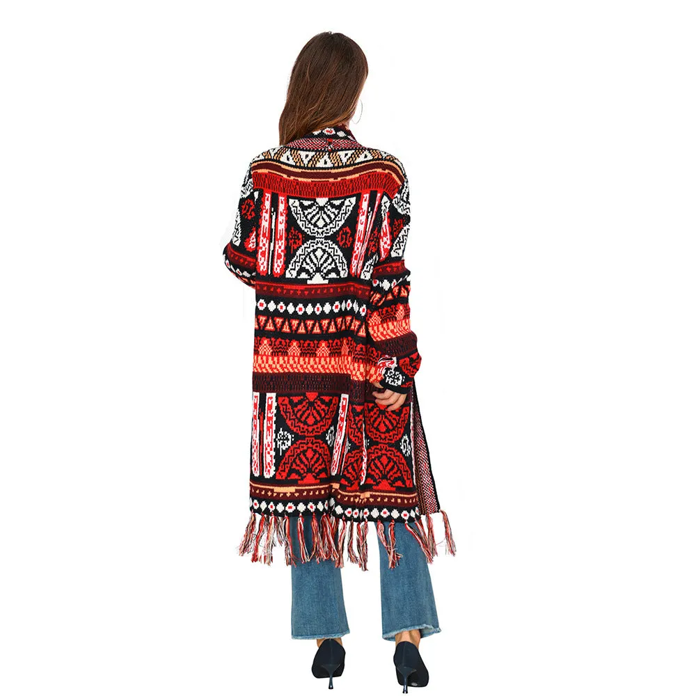 Ethnic retro tassel cardigan sweater knitted coat new loose long sleeve bohemian style