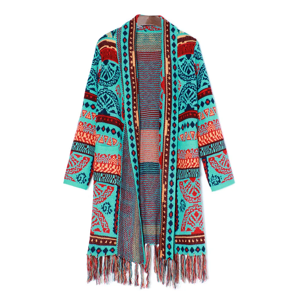 Ethnic retro tassel cardigan sweater knitted coat new loose long sleeve bohemian style