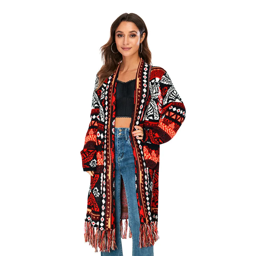 Ethnic retro tassel cardigan sweater knitted coat new loose long sleeve bohemian style