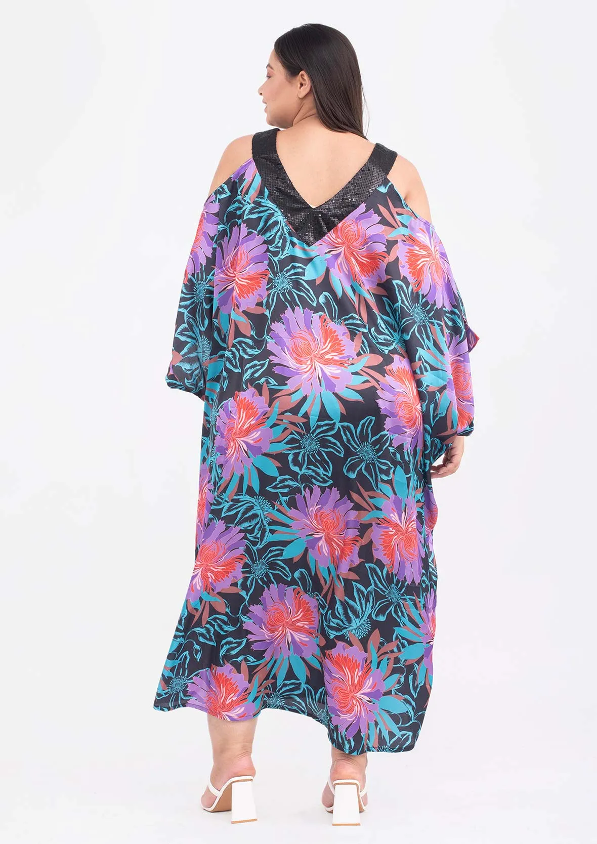 Exclusive Print Sequin Trim Kaftan Dress