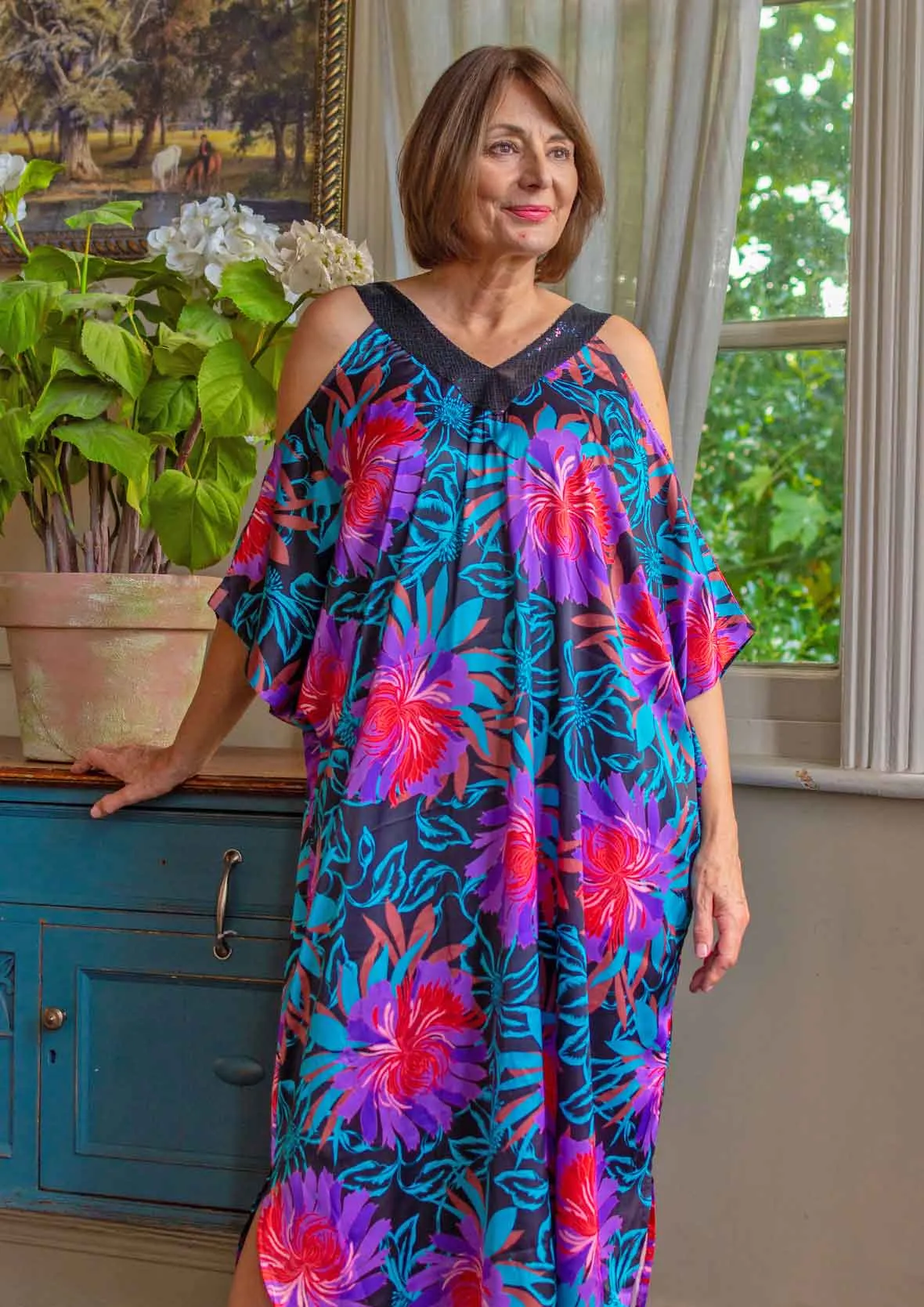 Exclusive Print Sequin Trim Kaftan Dress