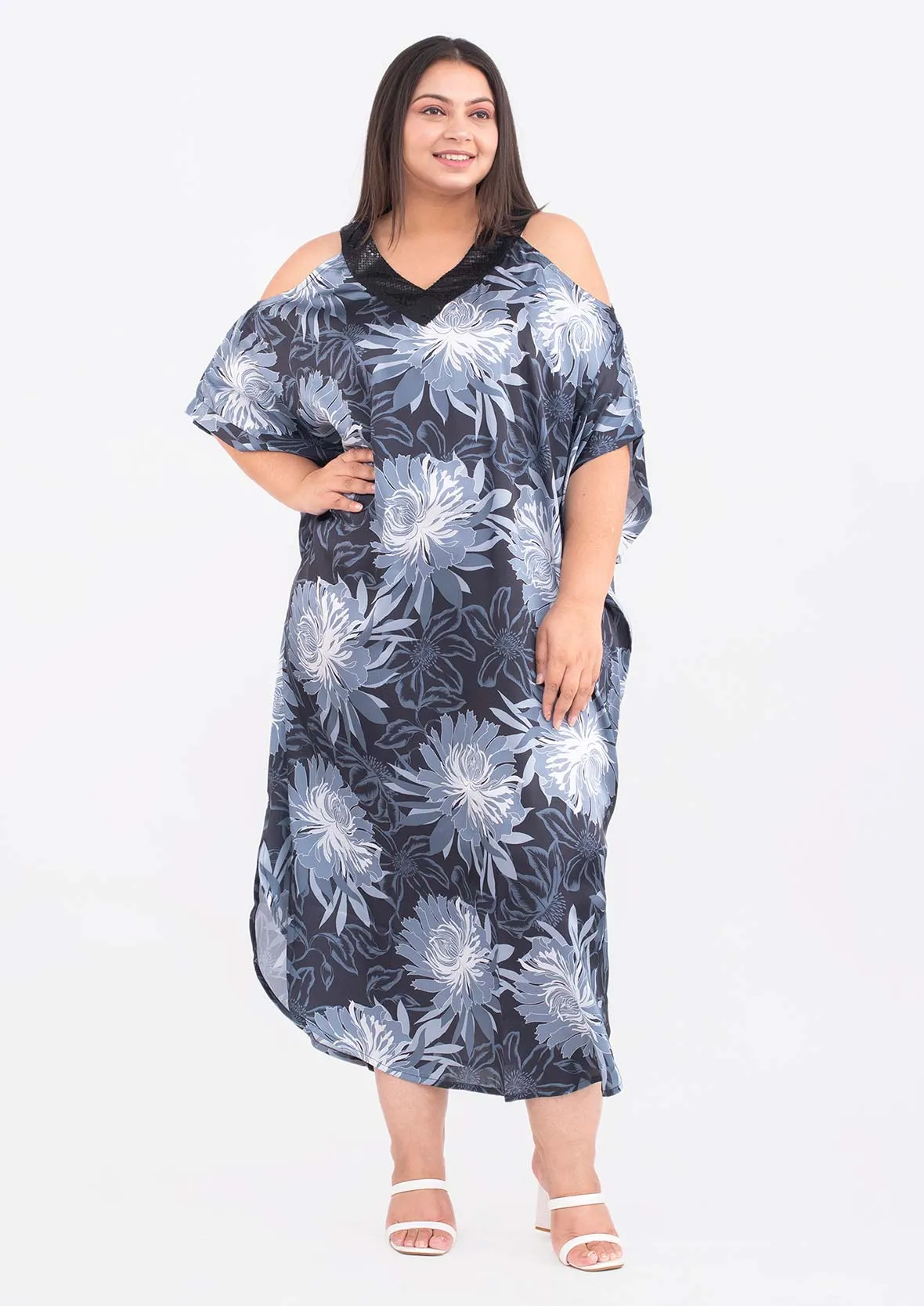 Exclusive Print Sequin Trim Kaftan Dress