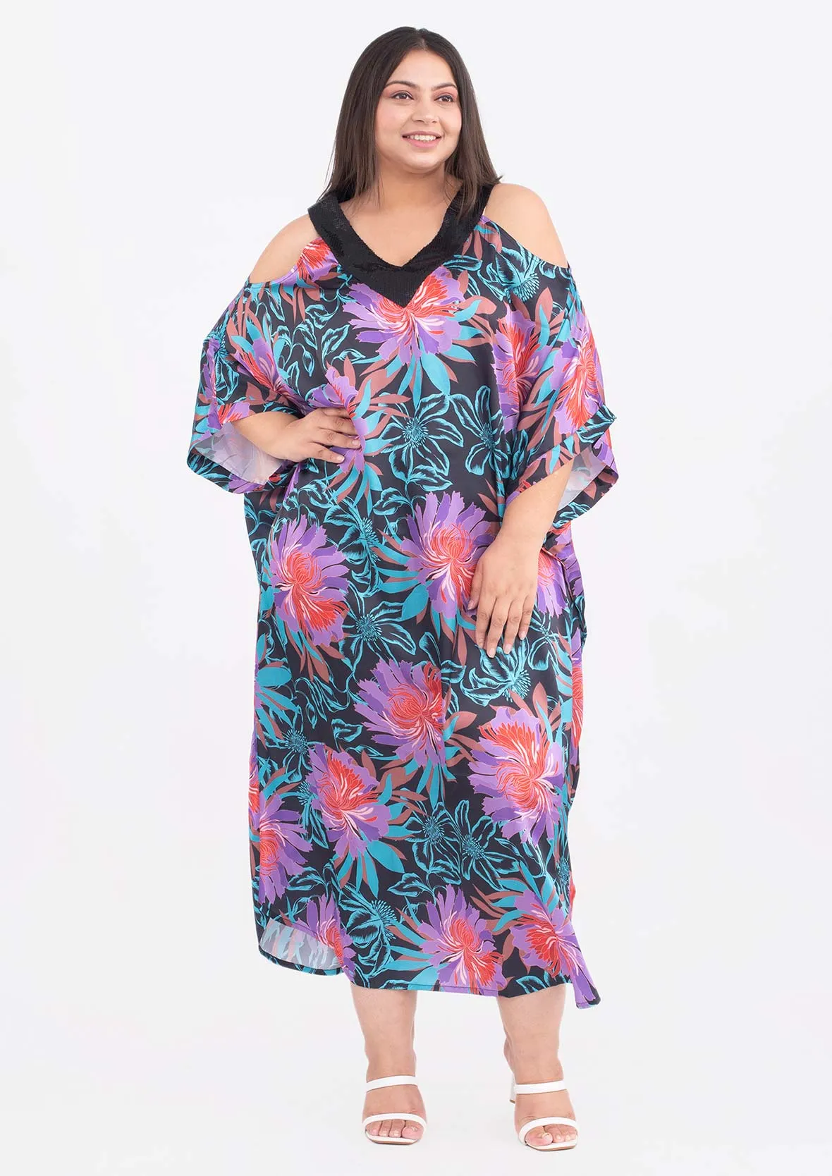 Exclusive Print Sequin Trim Kaftan Dress