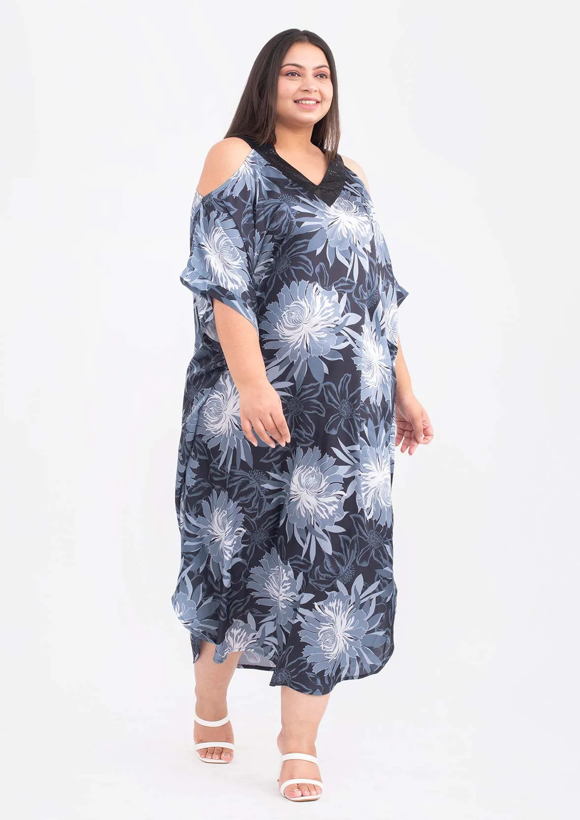 Exclusive Print Sequin Trim Kaftan Dress