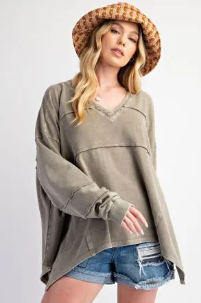 Ezra Terry Washed Knit V Neck Long Sleeve Top  *FINAL SALE*