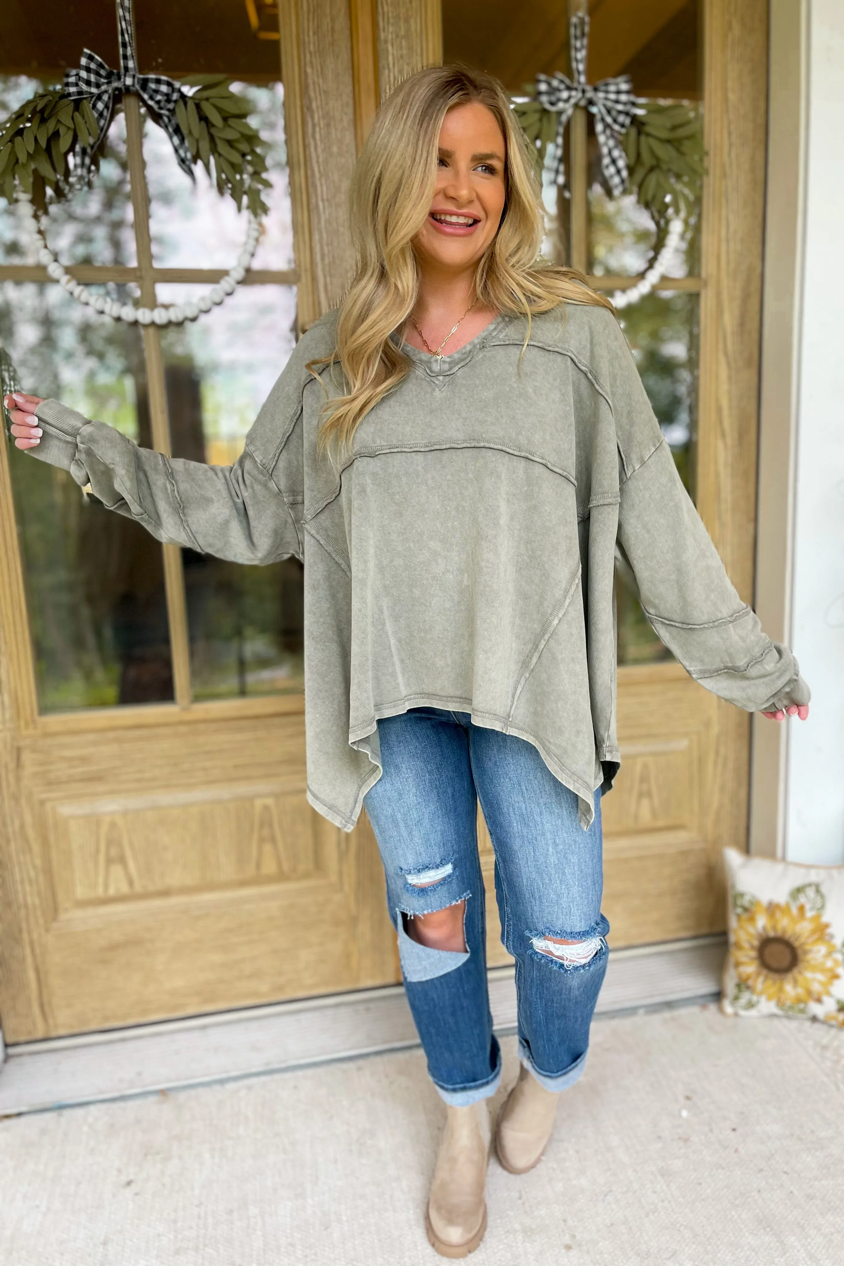 Ezra Terry Washed Knit V Neck Long Sleeve Top  *FINAL SALE*