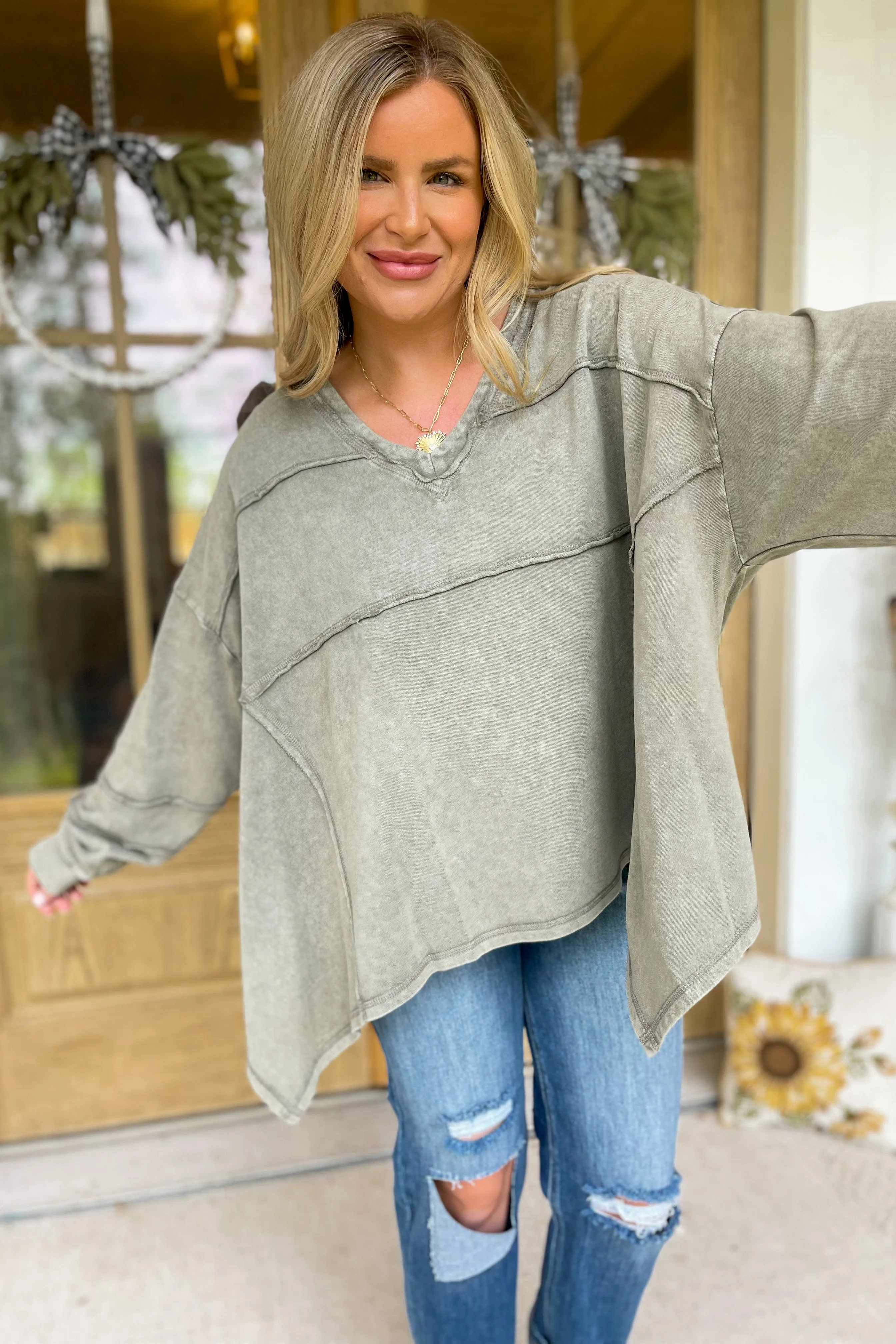 Ezra Terry Washed Knit V Neck Long Sleeve Top  *FINAL SALE*