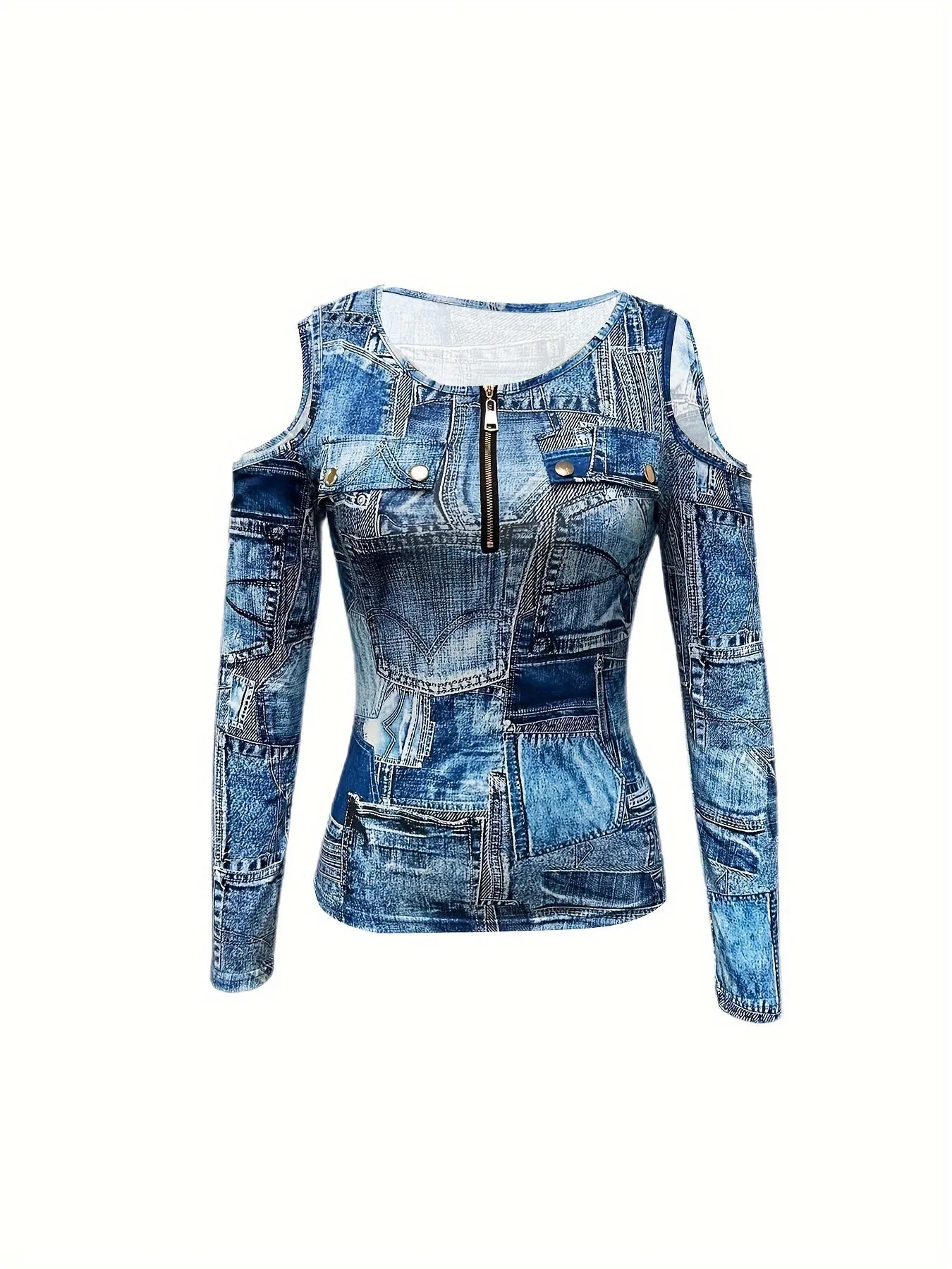 Faux Denim Cold Shoulder TShirt Stylish Zipper Tee for Women