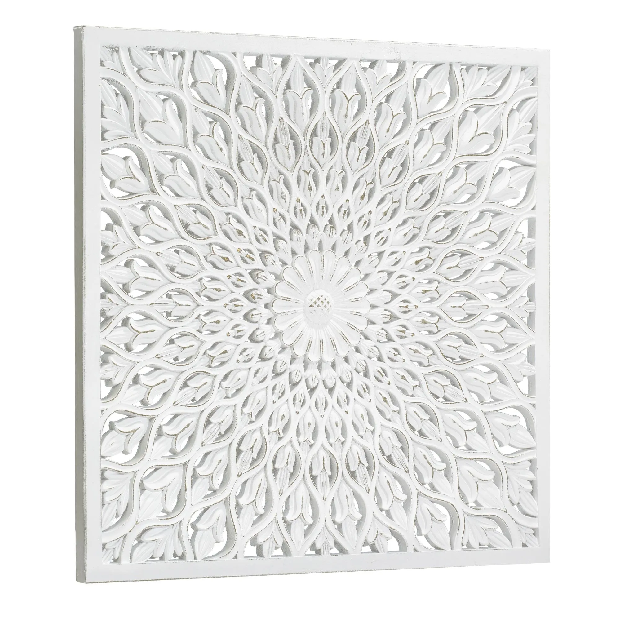 Floral Mandala White Square Framed Medallion Boho Wall Art, 31.4"x31.4"