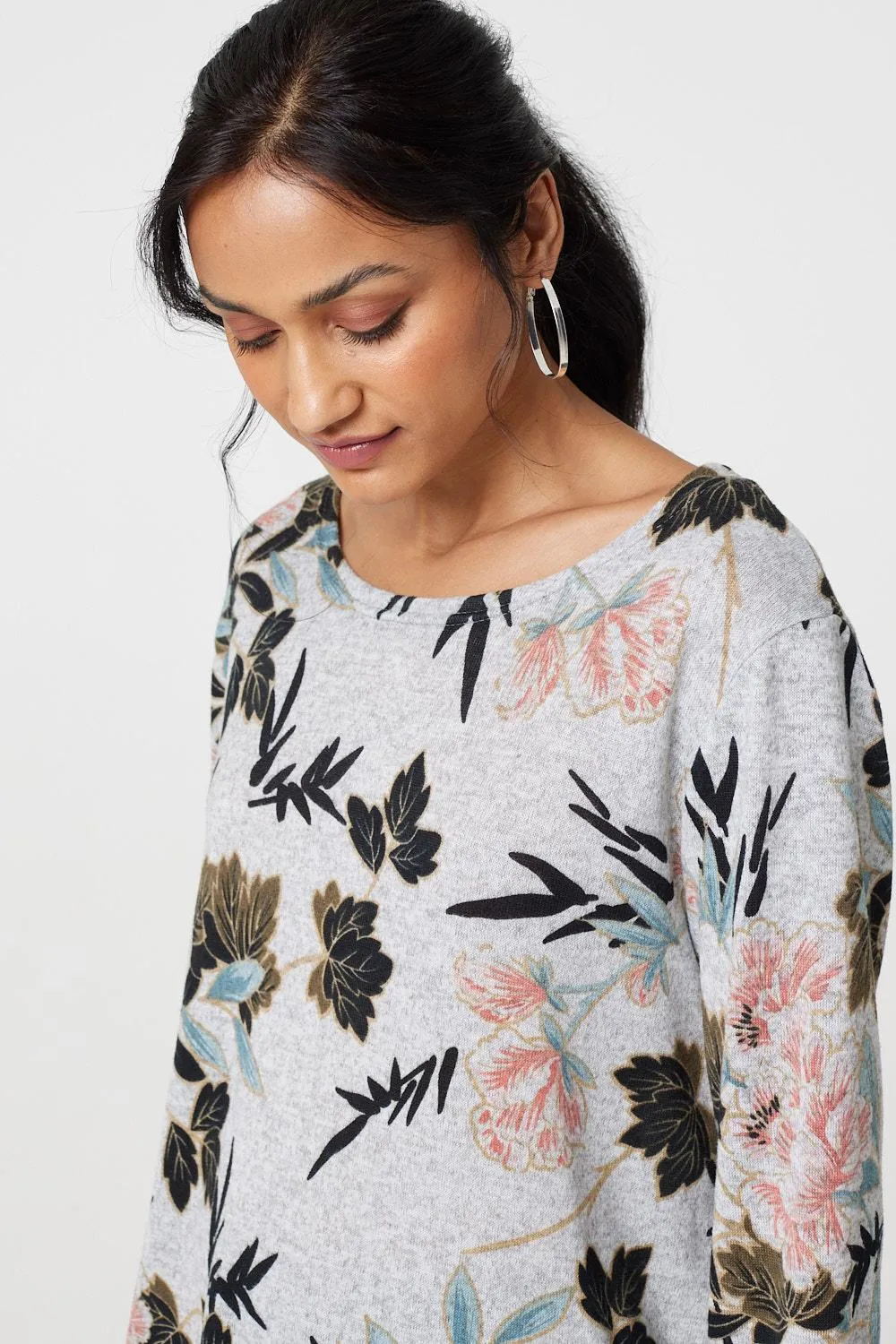 Floral Wide Neck Relaxed Long Sleeve Top