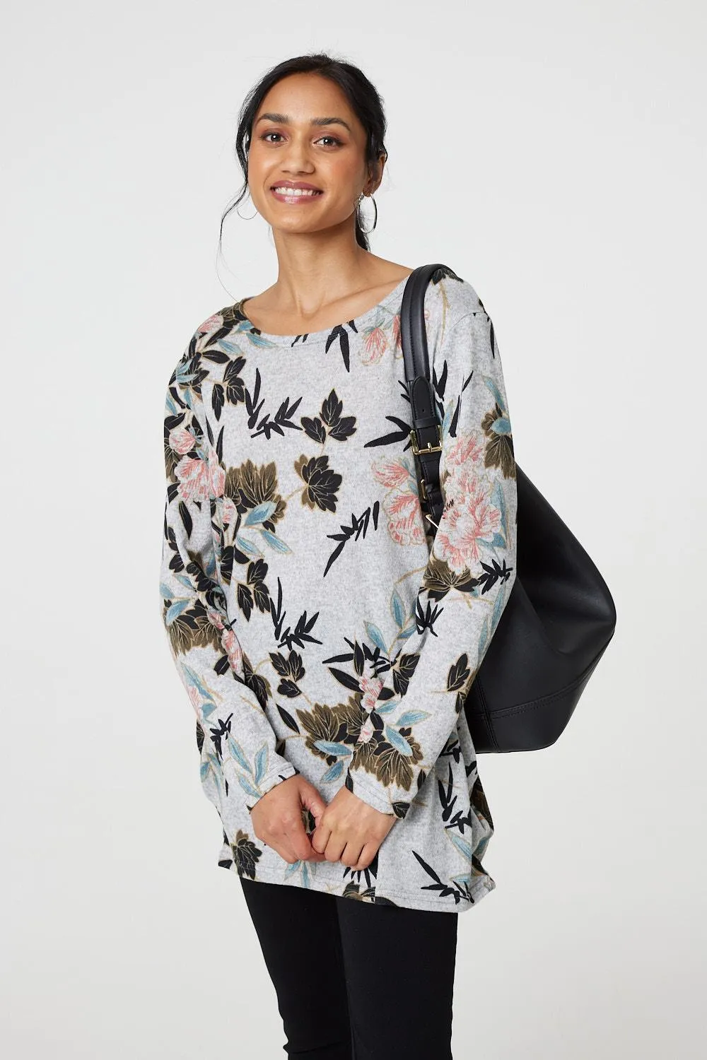 Floral Wide Neck Relaxed Long Sleeve Top