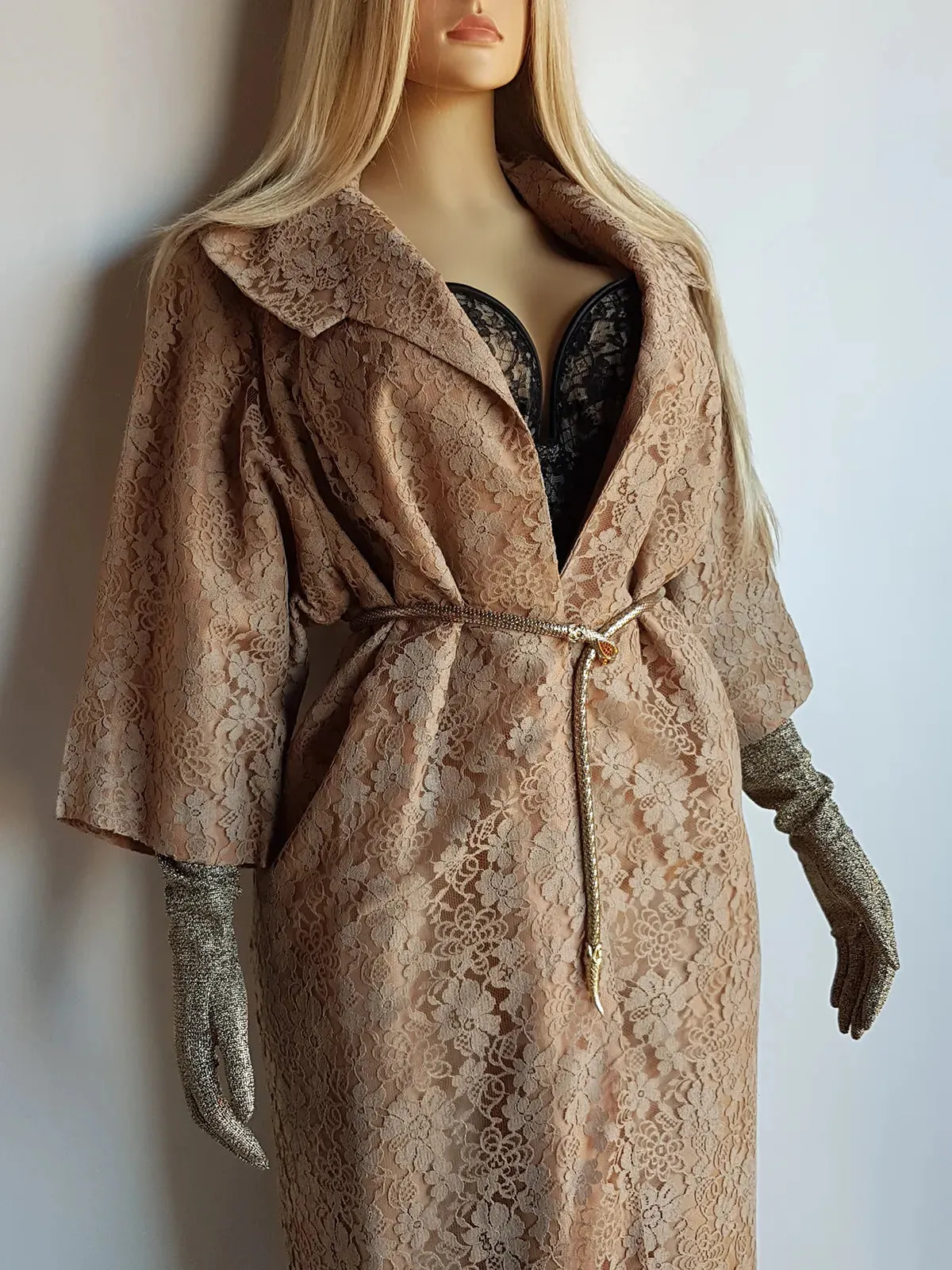 Genuine 1950s Vintage Coat in stunning lace overlay - hourglass - large collar and perfect 3/4 sleeves - wear multiple ways closed with a belt or open