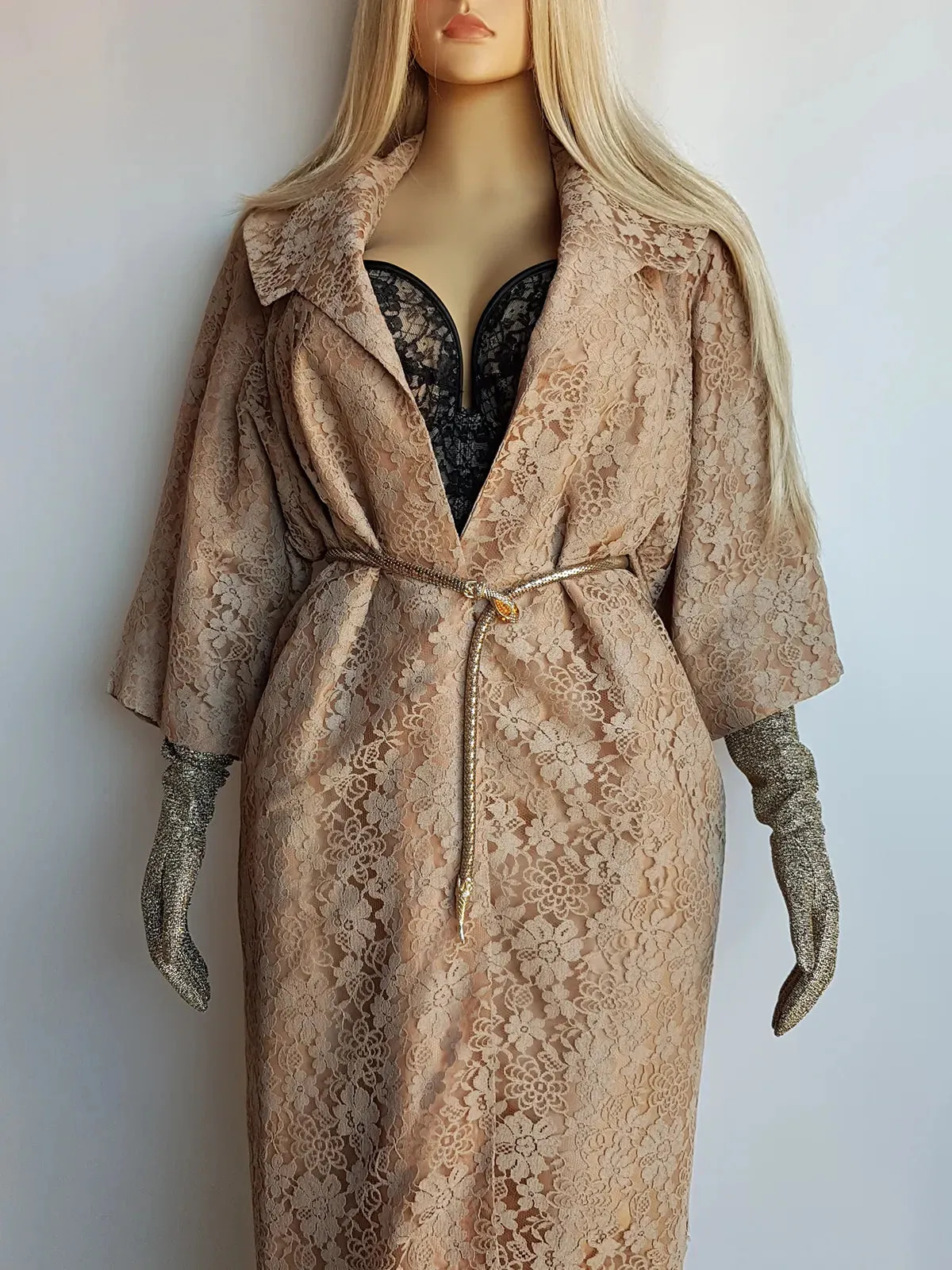 Genuine 1950s Vintage Coat in stunning lace overlay - hourglass - large collar and perfect 3/4 sleeves - wear multiple ways closed with a belt or open