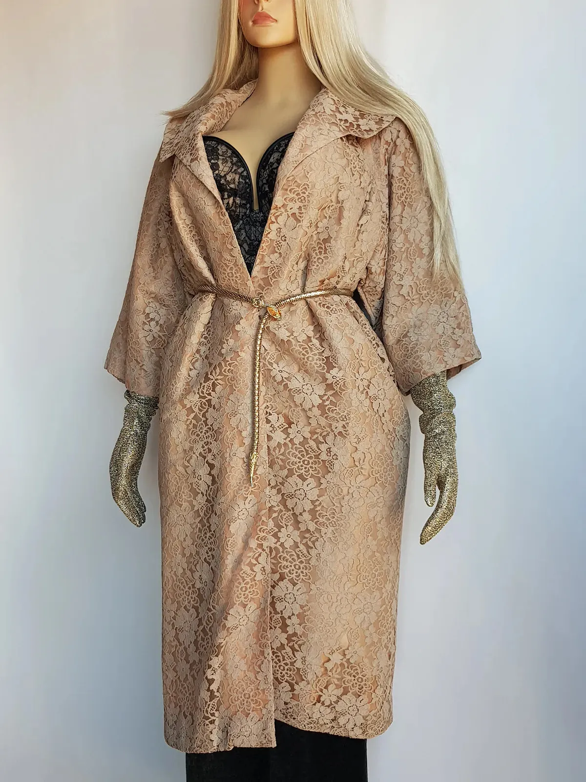 Genuine 1950s Vintage Coat in stunning lace overlay - hourglass - large collar and perfect 3/4 sleeves - wear multiple ways closed with a belt or open