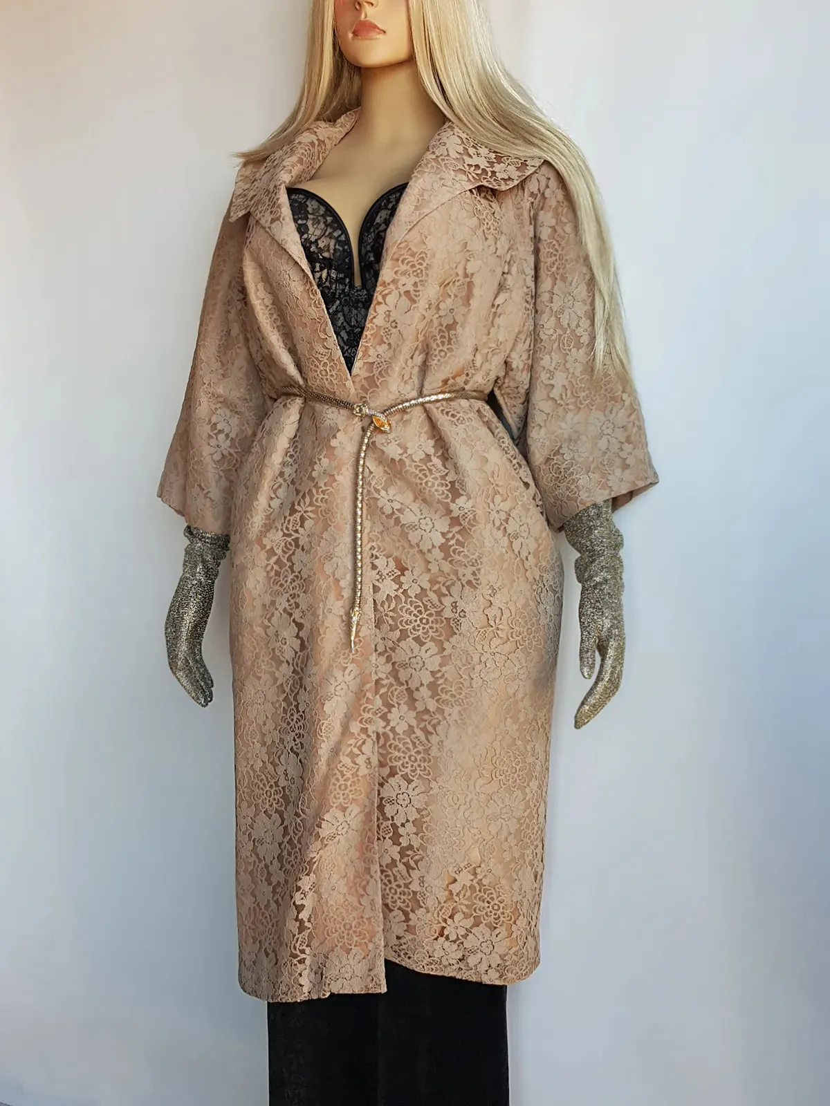 Genuine 1950s Vintage Coat in stunning lace overlay - hourglass - large collar and perfect 3/4 sleeves - wear multiple ways closed with a belt or open