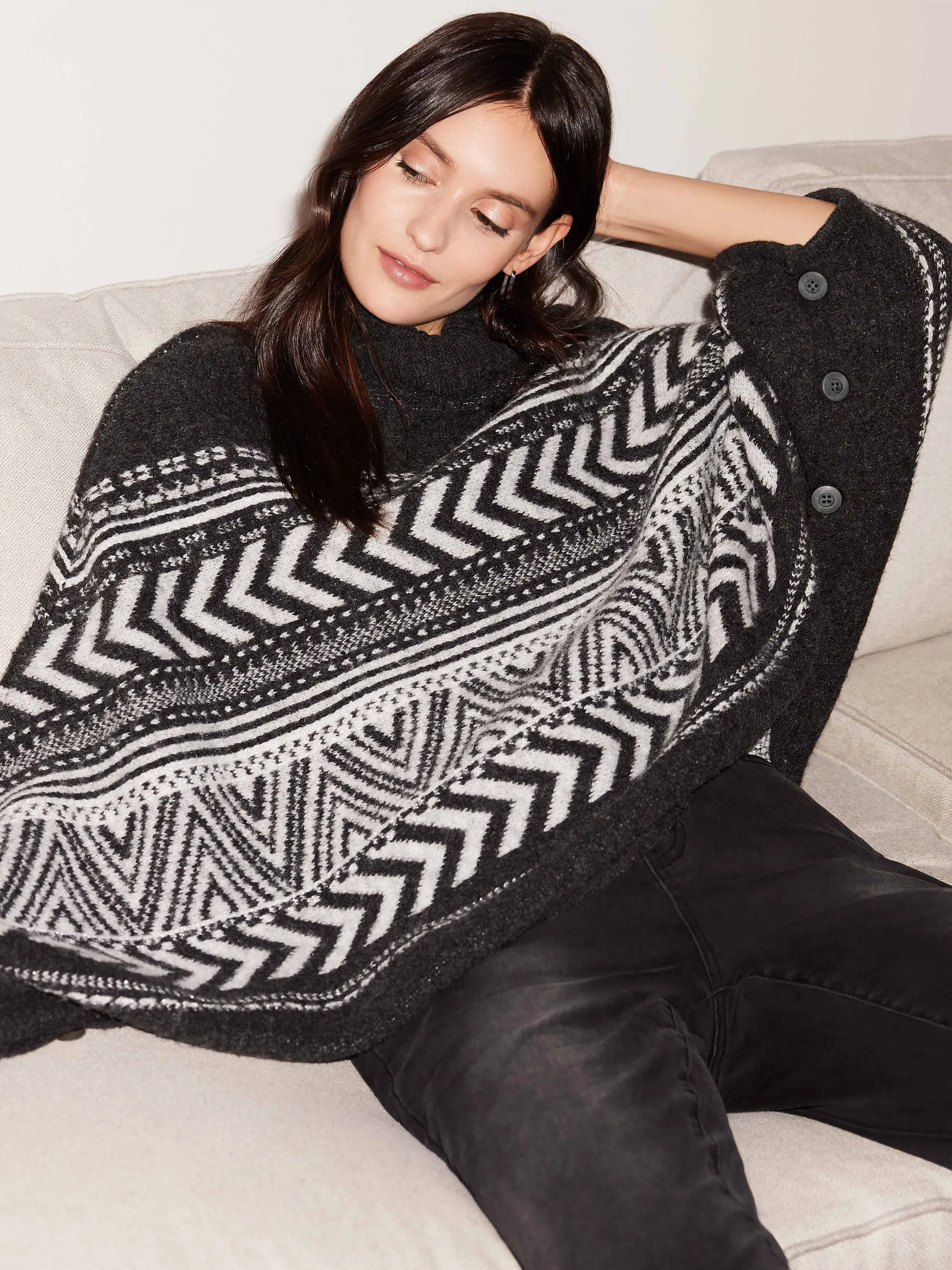 Geometric Jacquard Poncho with Buttoned Sleeves - Charcoal