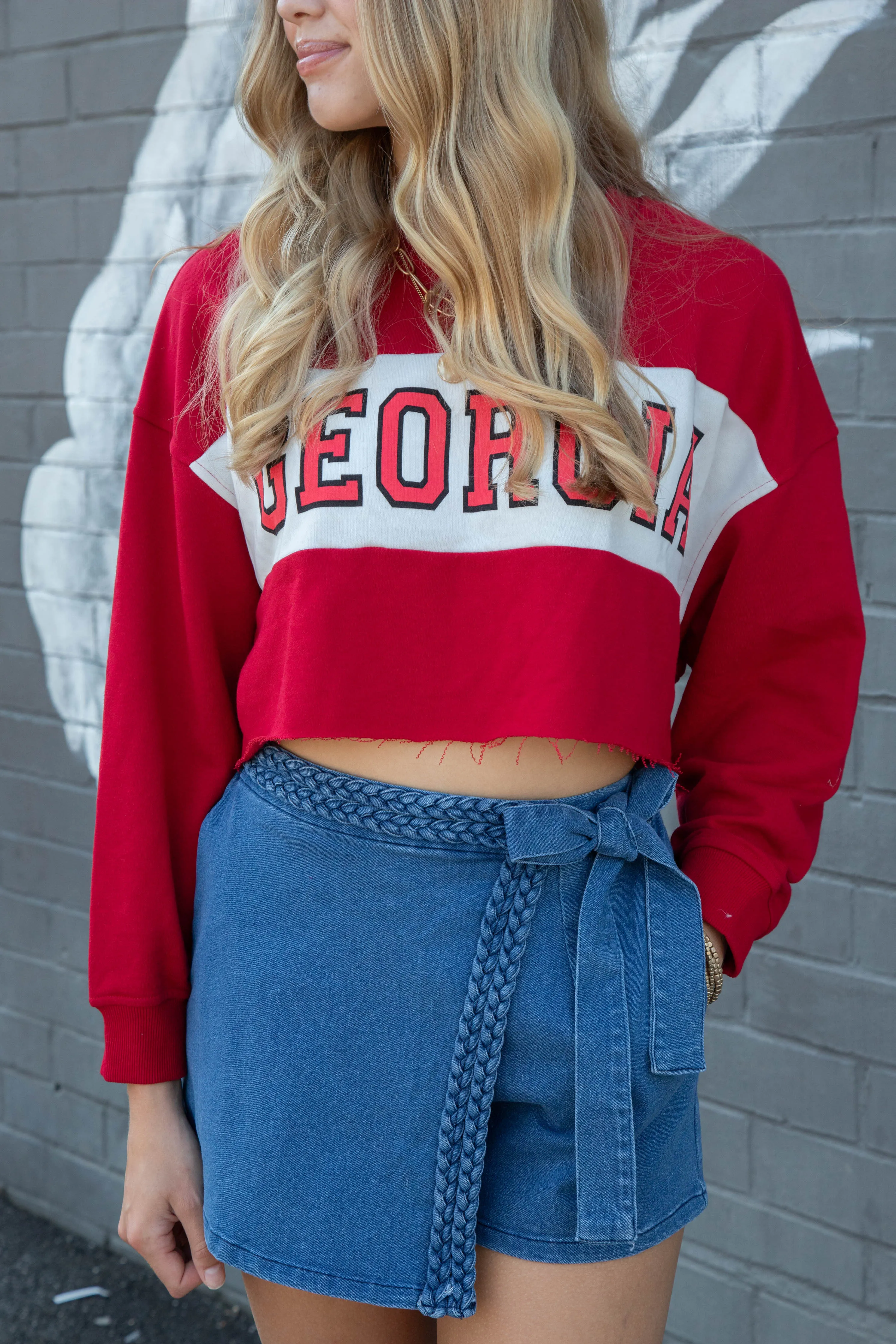 Georgia Colorblock Cropped Sweatshirt, Red/White