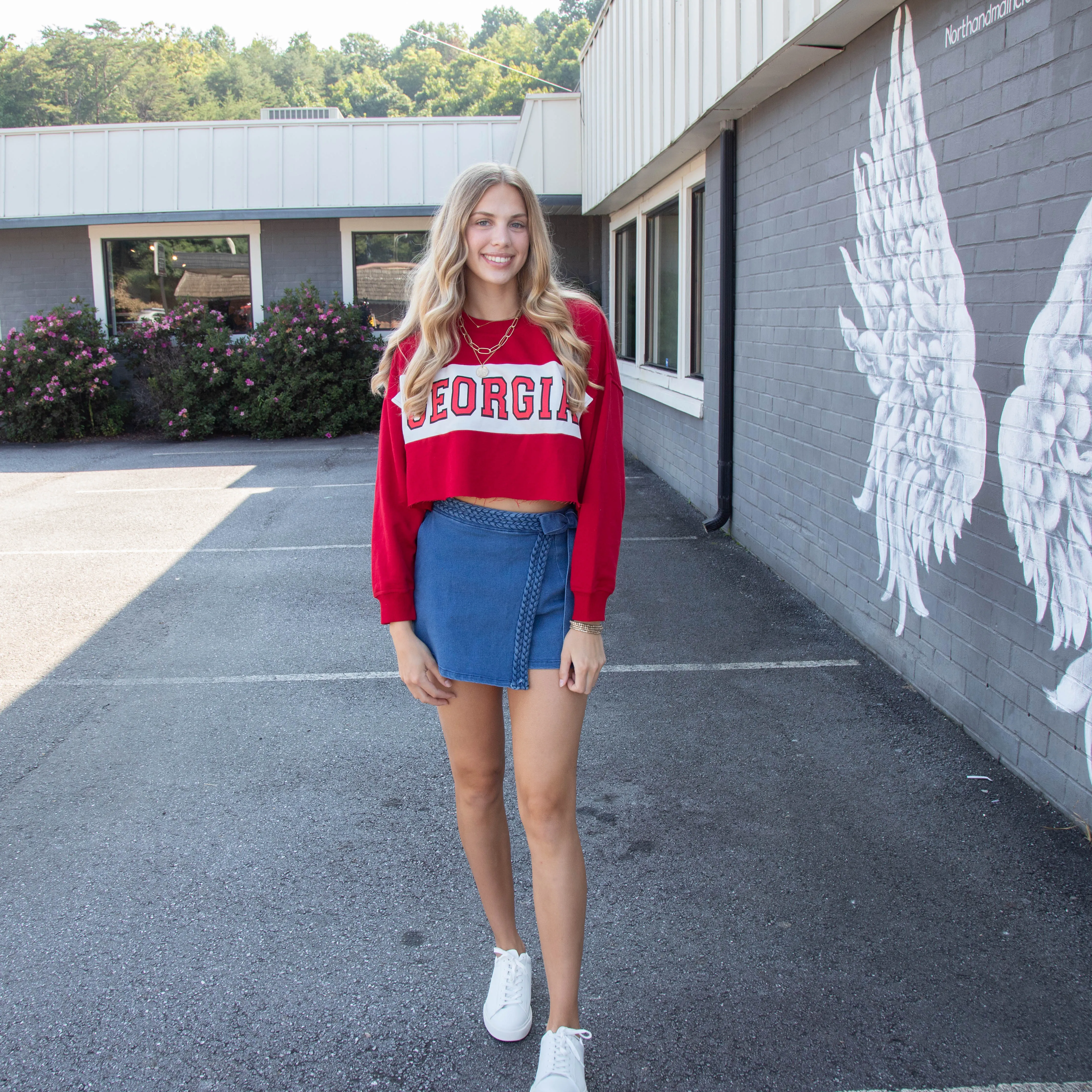 Georgia Colorblock Cropped Sweatshirt, Red/White