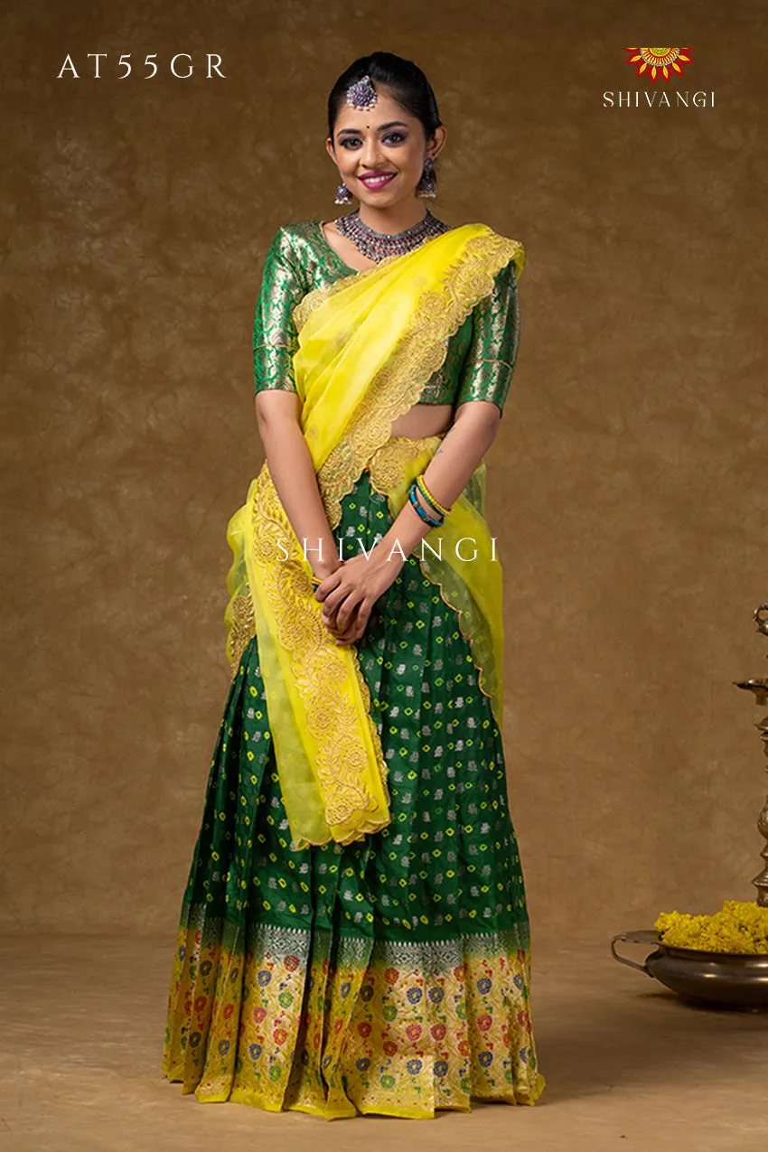 Girls Green Floral Bandhini Half Saree | Langa Davani