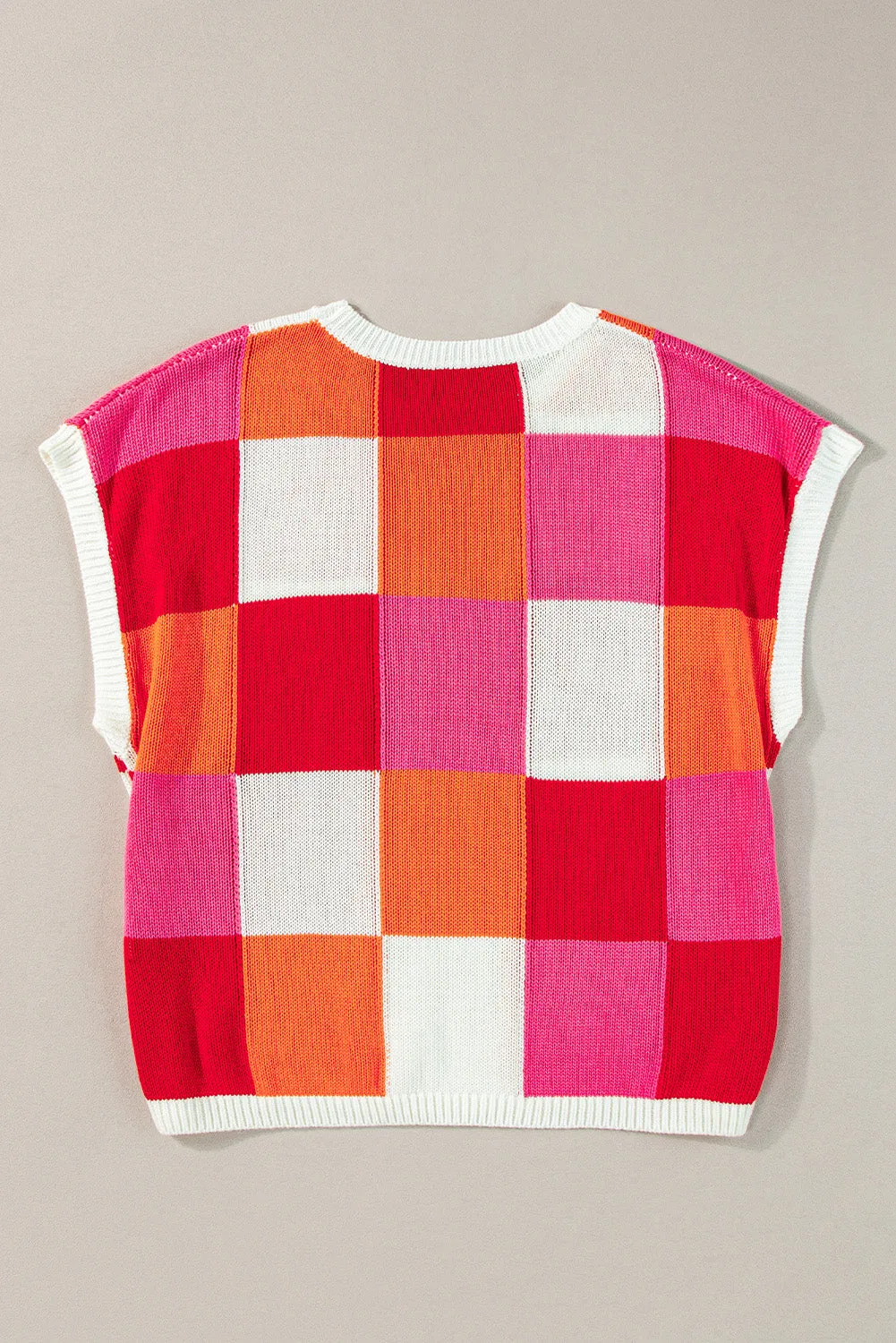 Grapefruit Orange Checkered Color Block Cap Sleeve Knitted Top