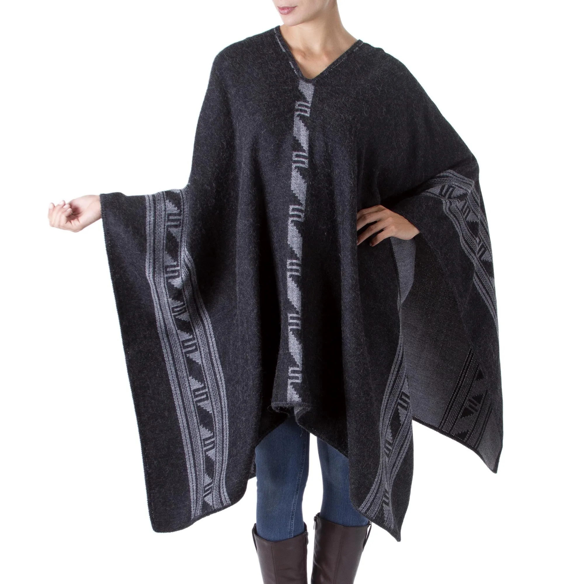 Gray & Black Glyphs Alpaca Blend Reversible Poncho