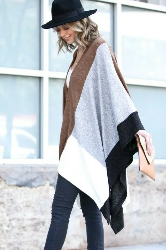 Gray Camel Color Block Asymmetrical Dolman Poncho Ruana Cardigan Casual Womens