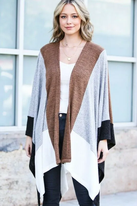 Gray Camel Color Block Asymmetrical Dolman Poncho Ruana Cardigan Casual Womens